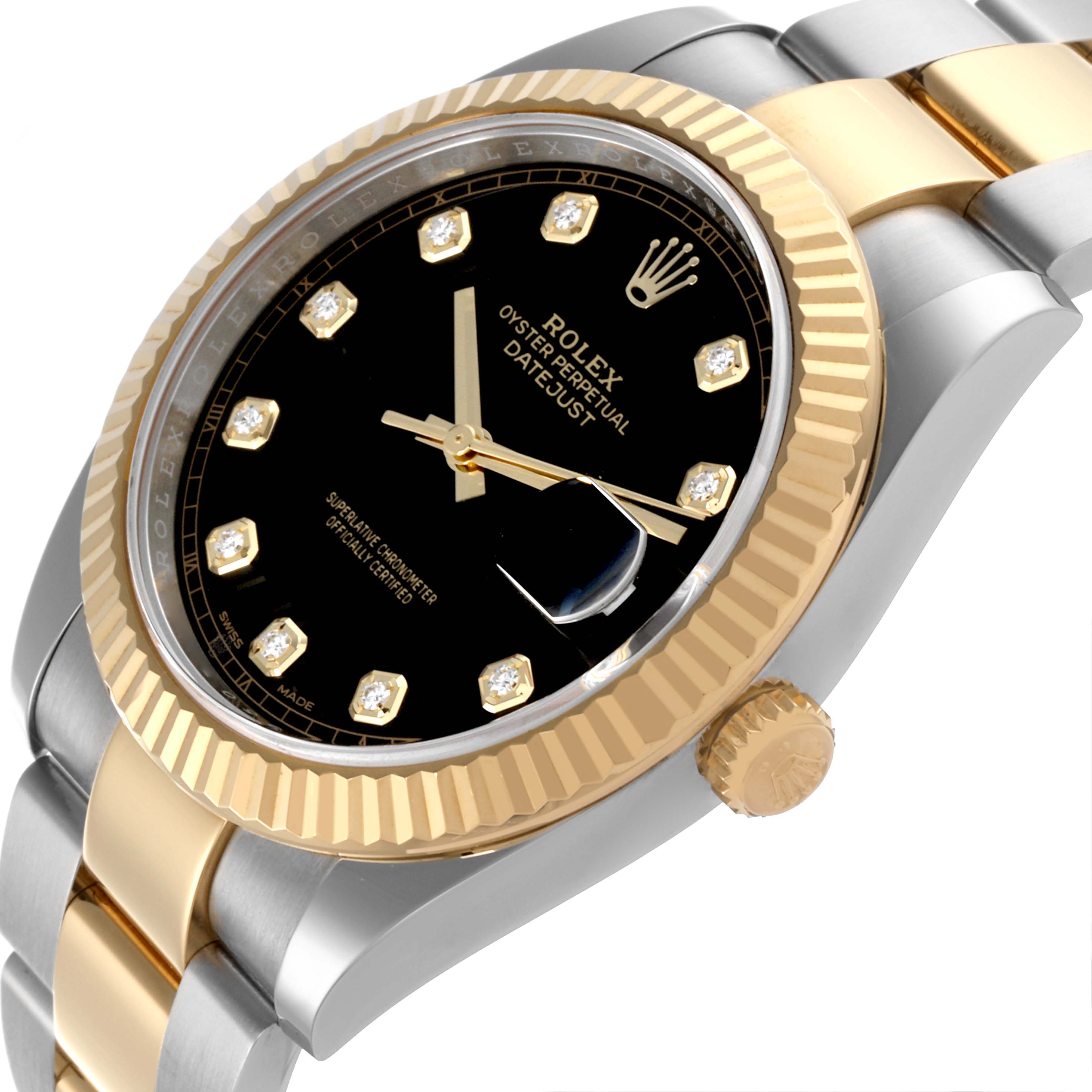 The Rolex Datejust 41 126333 Men's Steel and Gold (two tone) Black Dial 126333 Men's Steel and Gold (two tone) Black Dial is shown at an angle highlighting the bezel, dial, markers, and two-tone bracelet.