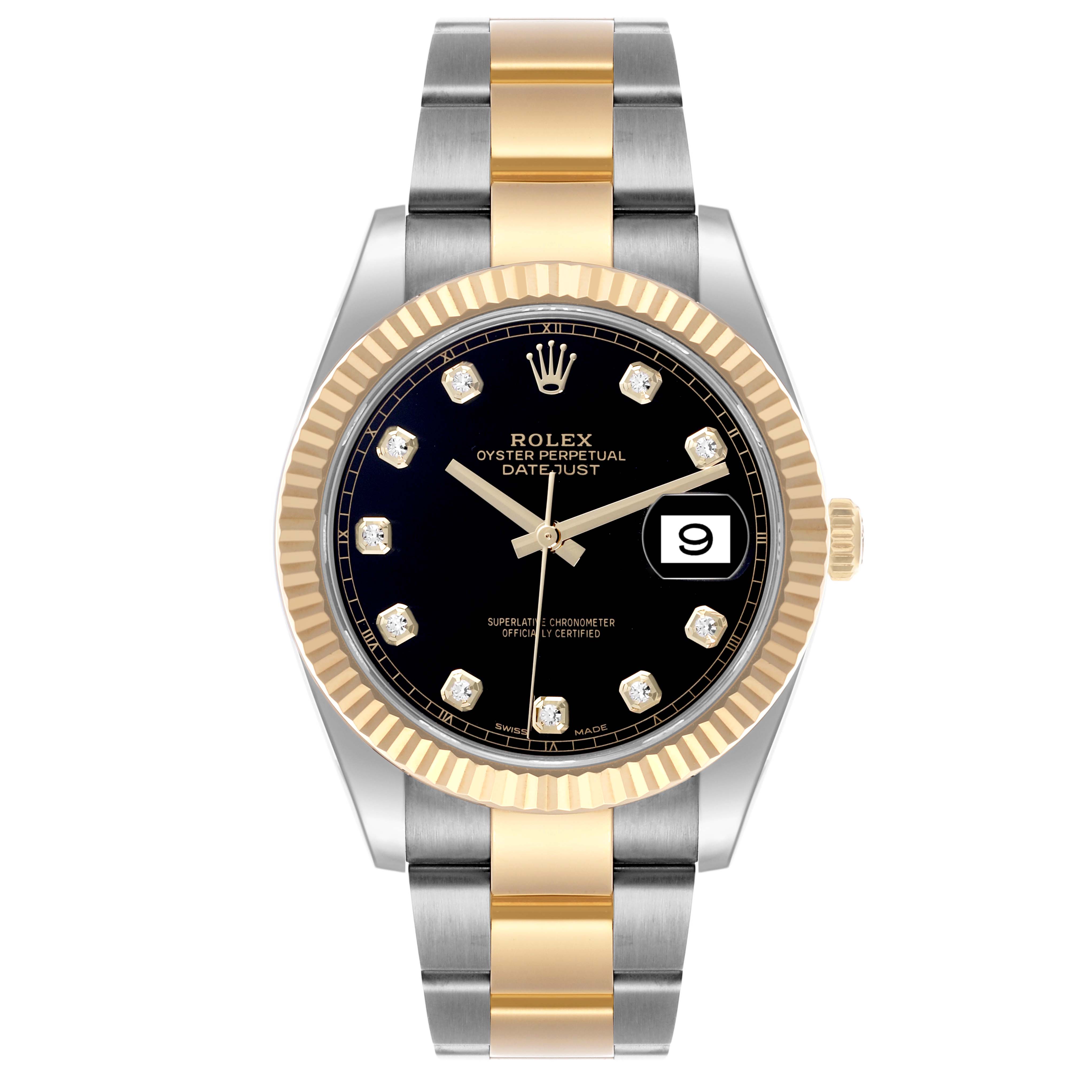 The Rolex Datejust 41 126333 Men's Steel and Gold (two tone) Black Dial 126333 Men's Steel and Gold (two tone) Black Dial is shown from the front, highlighting the dial, hands, bezel, and bracelet.
