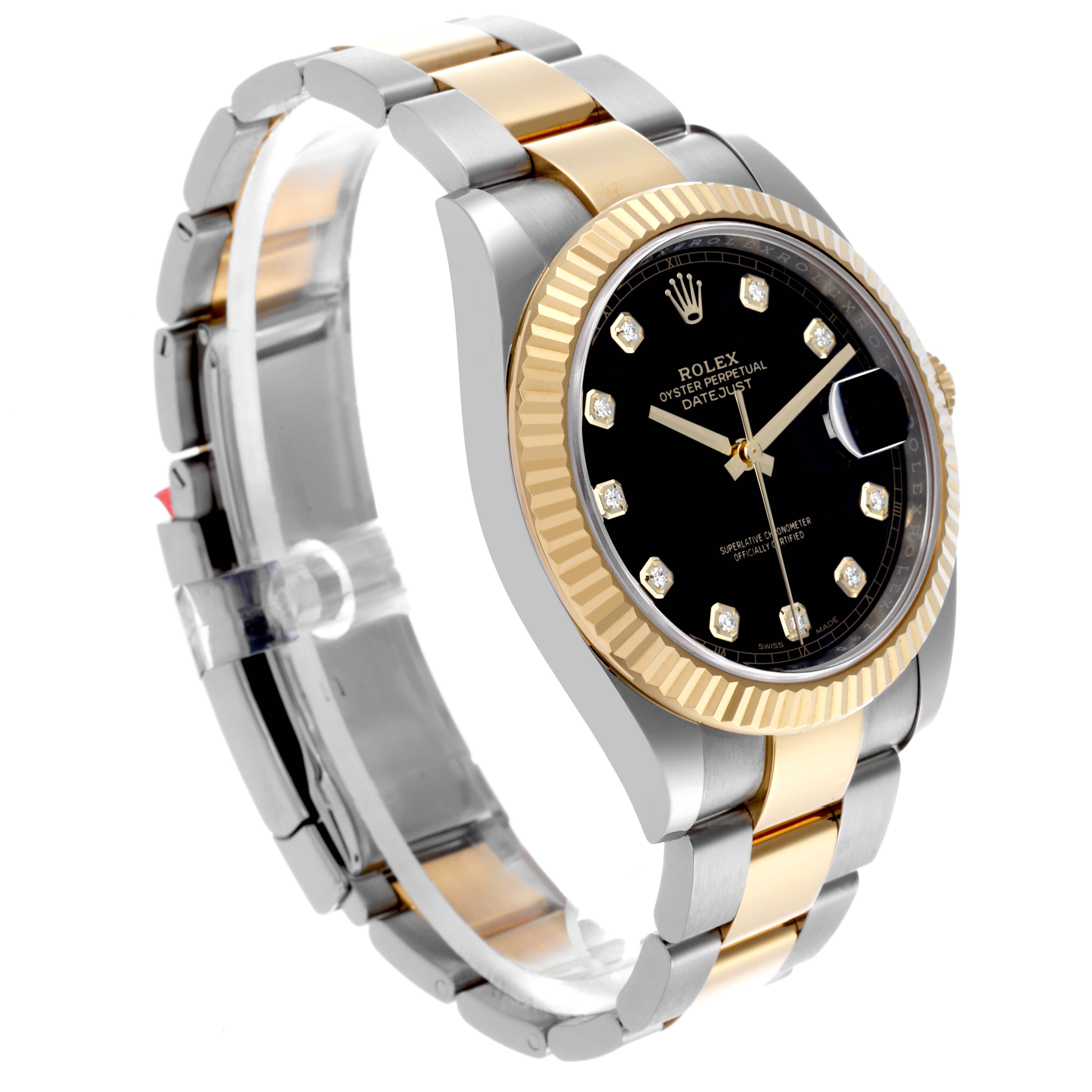 The Rolex Datejust 41 126333 Men's Steel and Gold (two tone) Black Dial 126333 Men's Steel and Gold (two tone) Black Dial is shown at an angle highlighting the black dial, diamond hour markers, fluted bezel, and two-tone bracelet.
