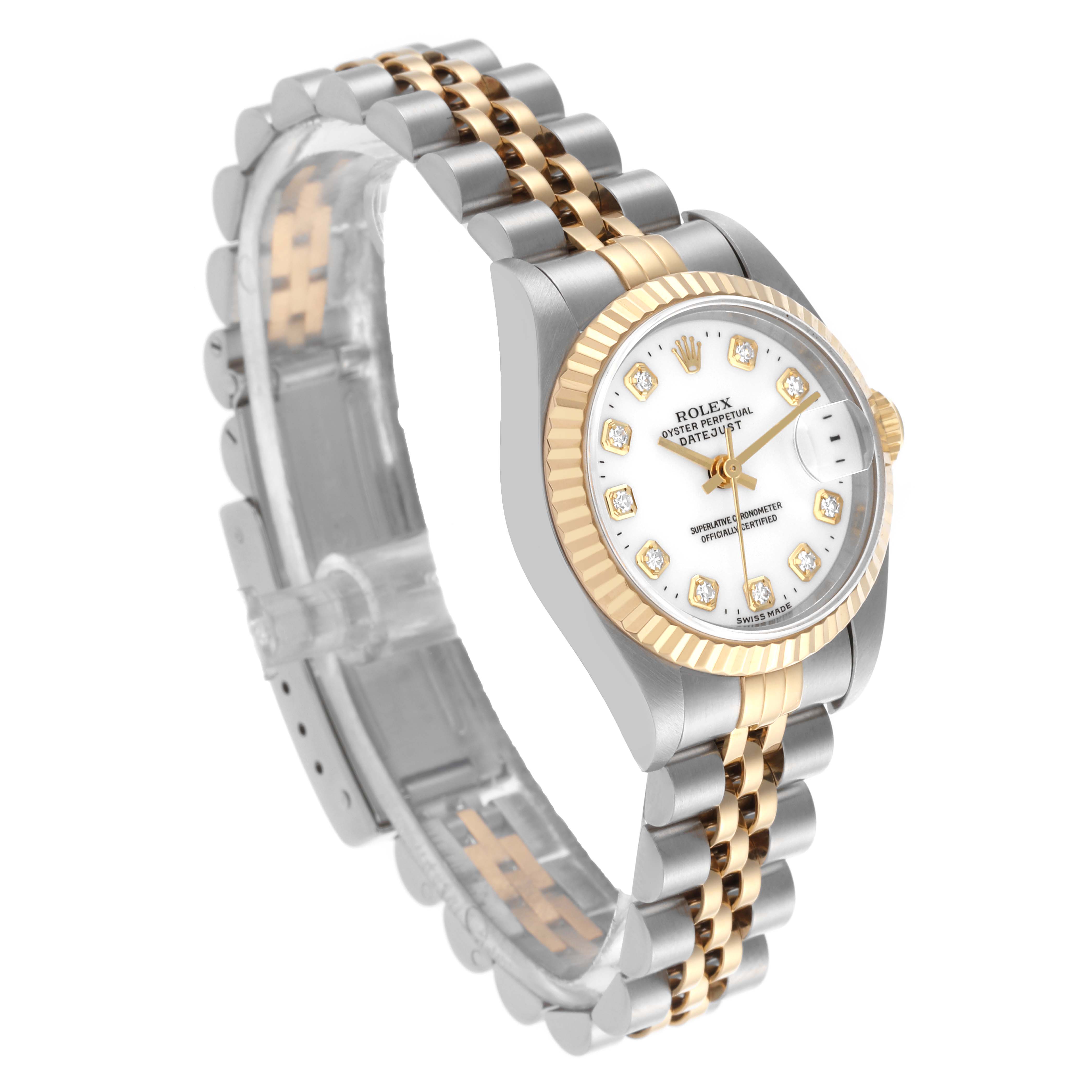 The Rolex Datejust 69173 Women's Steel and Gold (two tone) White Dial 69173 Women's Steel and Gold (two tone) White Dial watch is shown at a three-quarter angle, displaying the face, dial, two-tone bracelet, and fluted bezel.