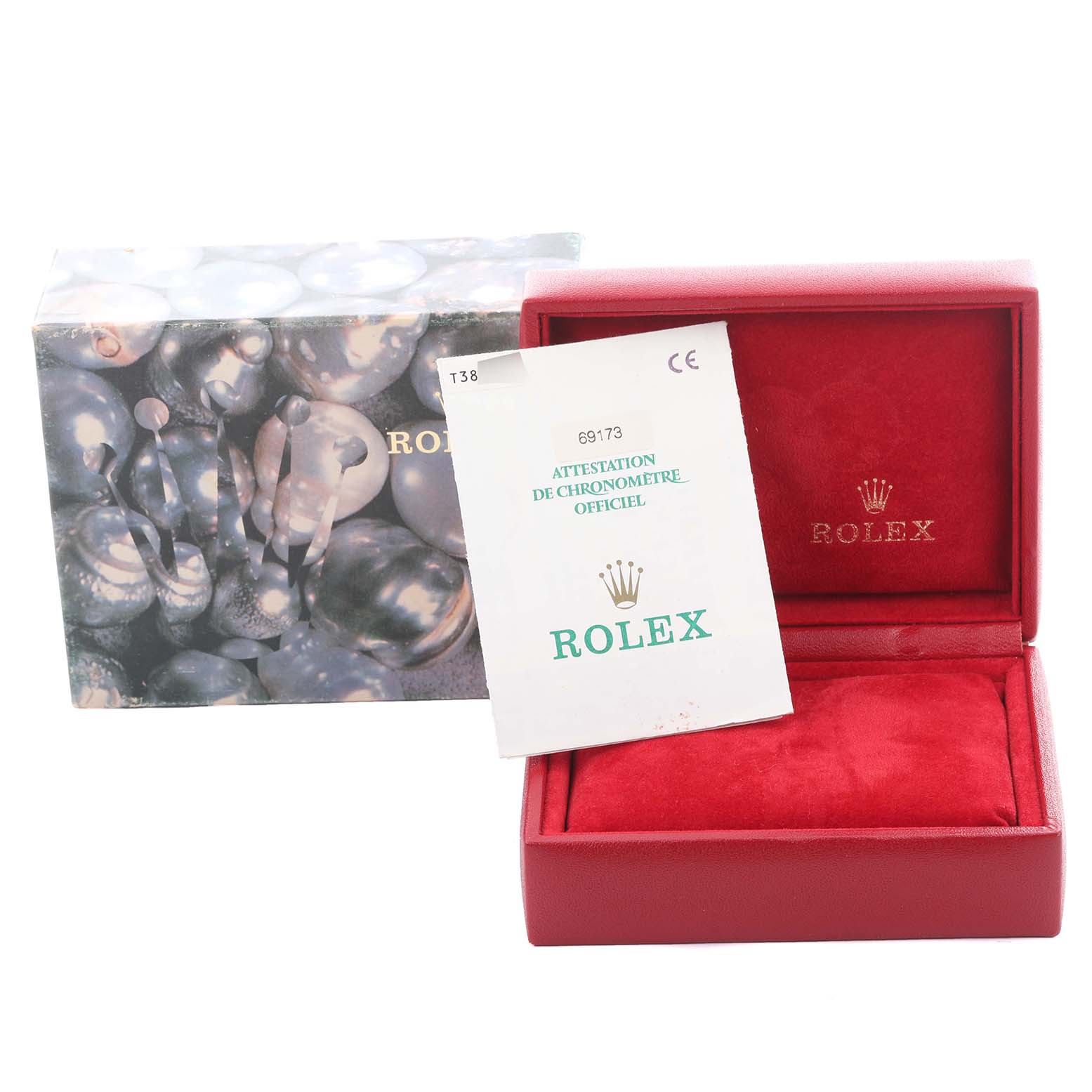 The image shows the packaging and documentation for a Rolex Datejust 69173 Women's Steel and Gold (two tone) White Dial 69173 Women's Steel and Gold (two tone) White Dial watch, with an open red box and certification papers.