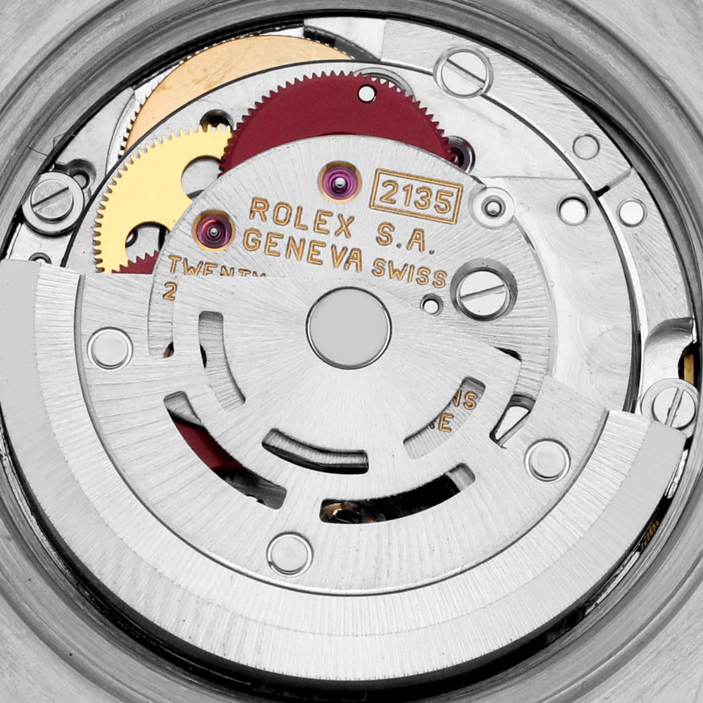 This image shows the movement of a Rolex Datejust 69173 Women's Steel and Gold (two tone) White Dial 69173 Women's Steel and Gold (two tone) White Dial watch, focusing on gears and components from the back view.