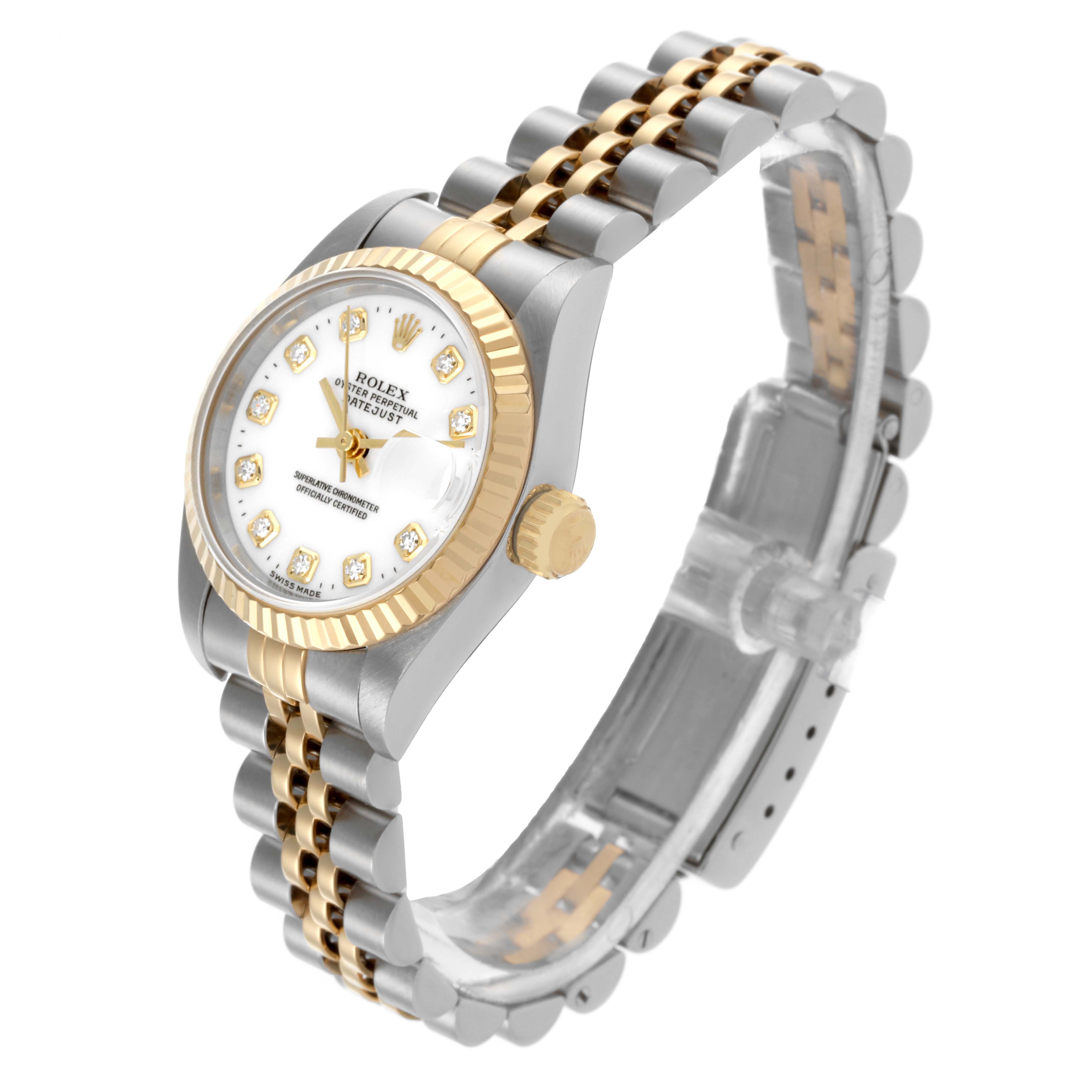 The Rolex Datejust 69173 Women's Steel and Gold (two tone) White Dial 69173 Women's Steel and Gold (two tone) White Dial watch is shown at a three-quarter angle, highlighting the face, bezel, crown, and two-tone bracelet.