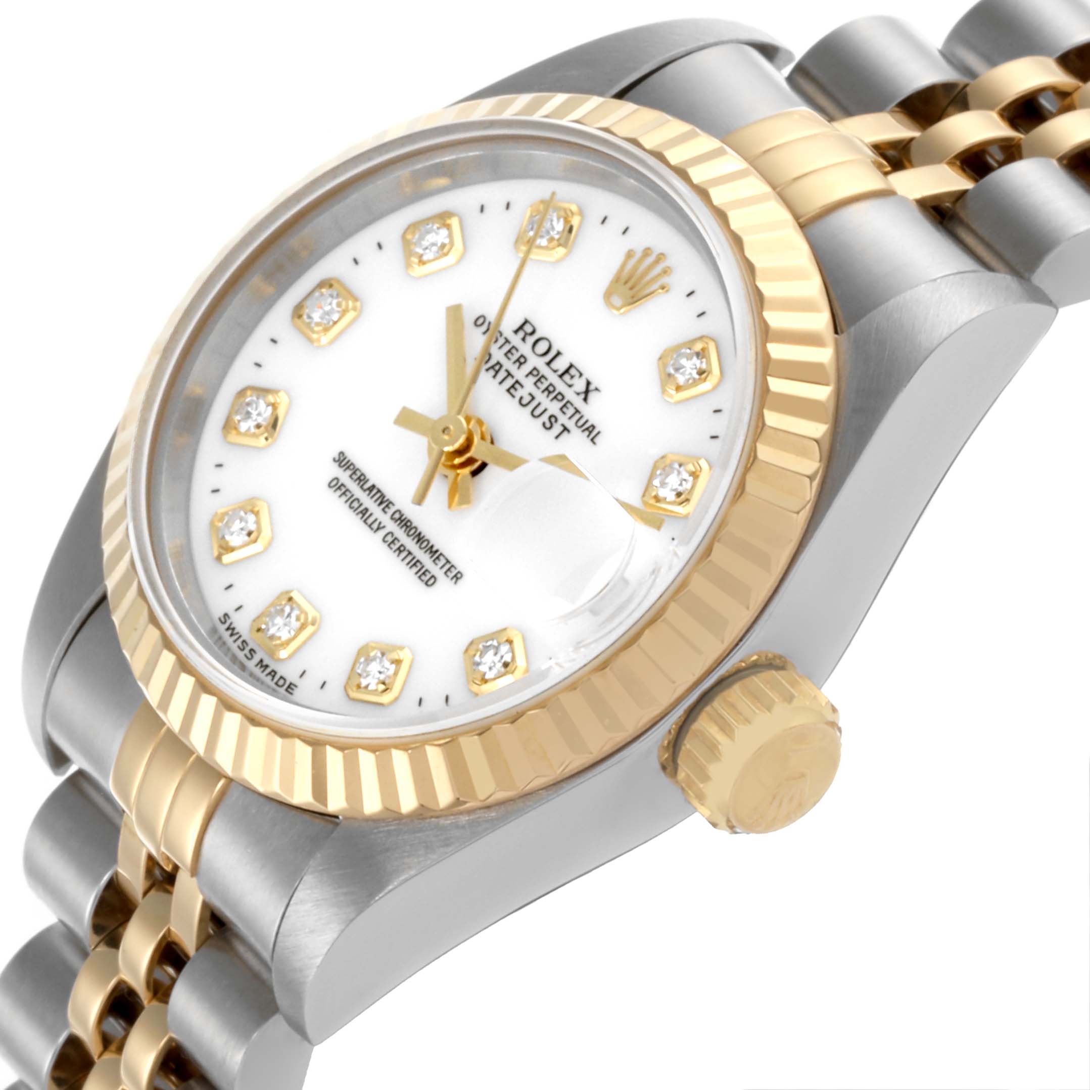 The Rolex Datejust 69173 Women's Steel and Gold (two tone) White Dial 69173 Women's Steel and Gold (two tone) White Dial is shown at an angled side view, highlighting the gold bezel, crown, dial, and two-tone bracelet.