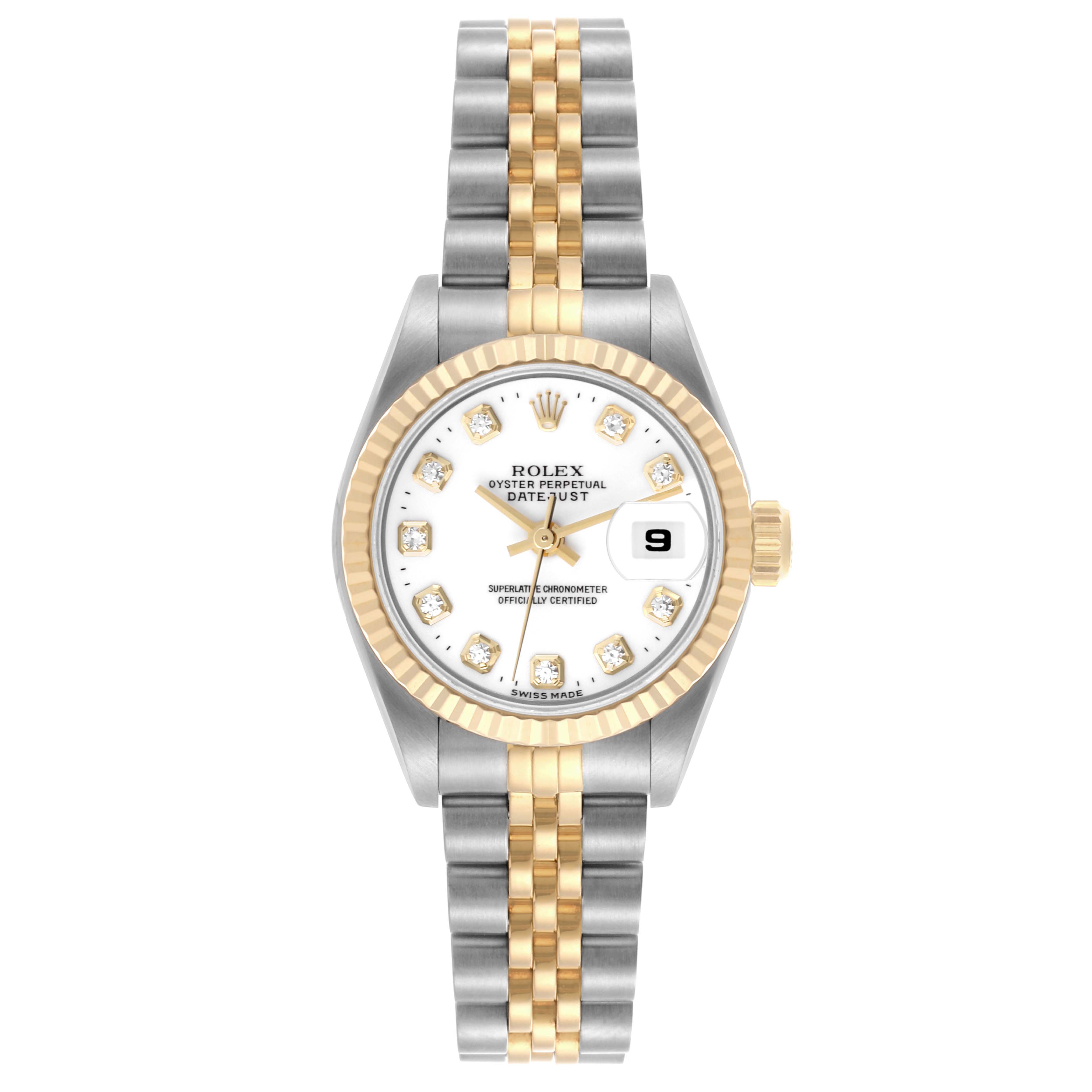 The Rolex Datejust 69173 Women's Steel and Gold (two tone) White Dial 69173 Women's Steel and Gold (two tone) White Dial watch is shown from a straight-on angle, displaying its dial, bezel, and two-tone bracelet in full view.