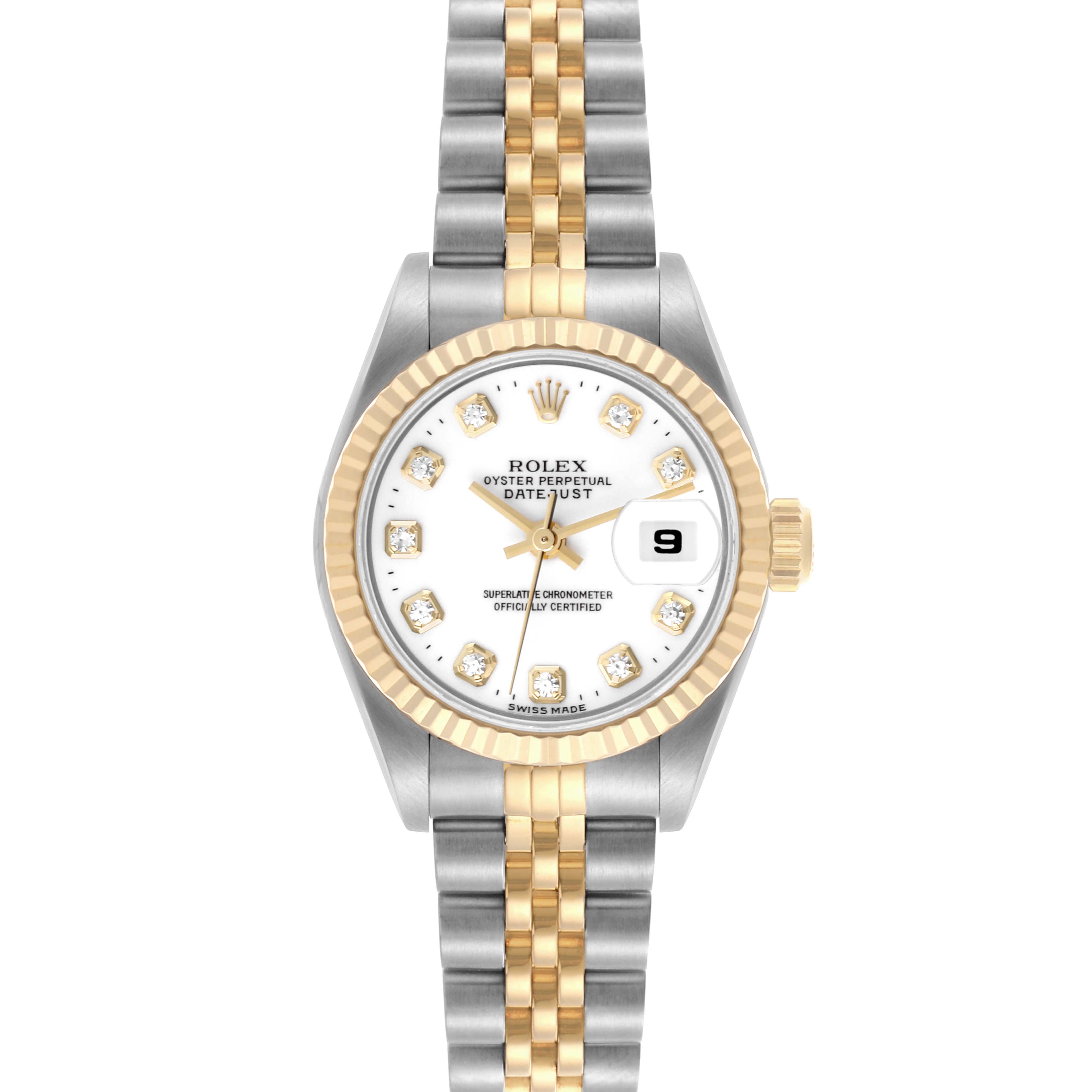 The Rolex Datejust 69173 Women's Steel and Gold (two tone) White Dial 69173 Women's Steel and Gold (two tone) White Dial watch is shown from a front angle, highlighting the dial, bezel, and two-tone bracelet.