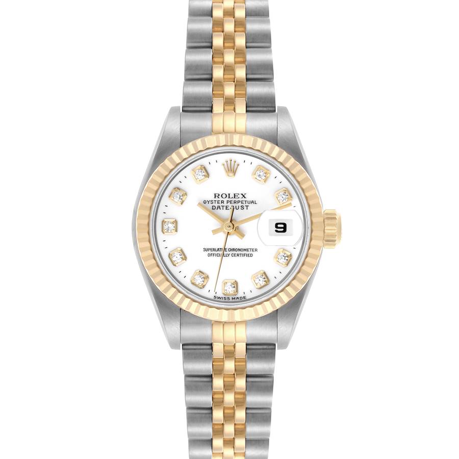 The Rolex Datejust watch is shown from a front angle, highlighting the dial, bezel, and two-tone bracelet.