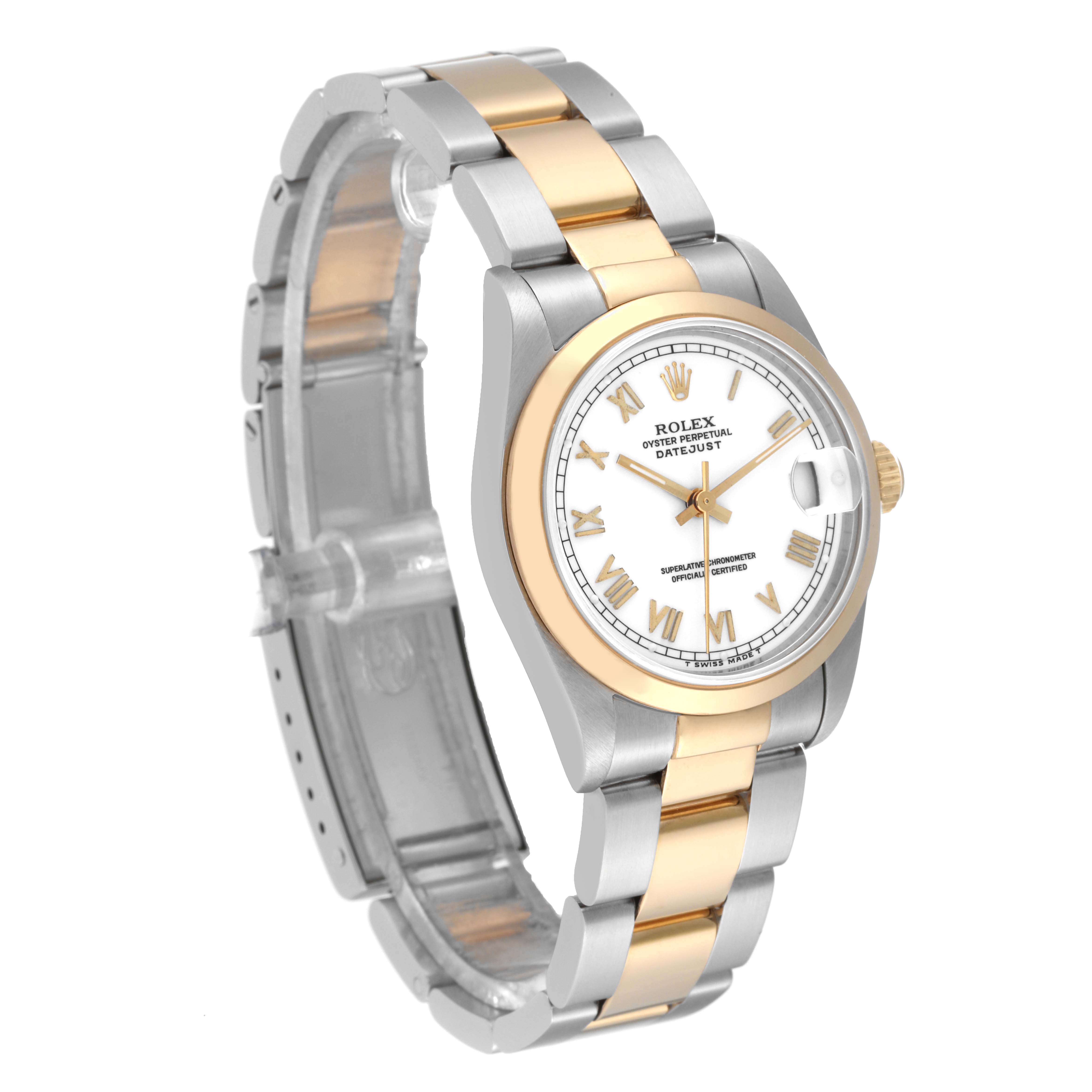 This Rolex Mid-Size 68243 Women
s Steel and Gold (two tone) White Dial 68243 Women
s Steel and Gold (two tone) White Dial Oyster Perpetual Datejust watch is shown at a three-quarter angle, displaying the dial, bezel, and bracelet.