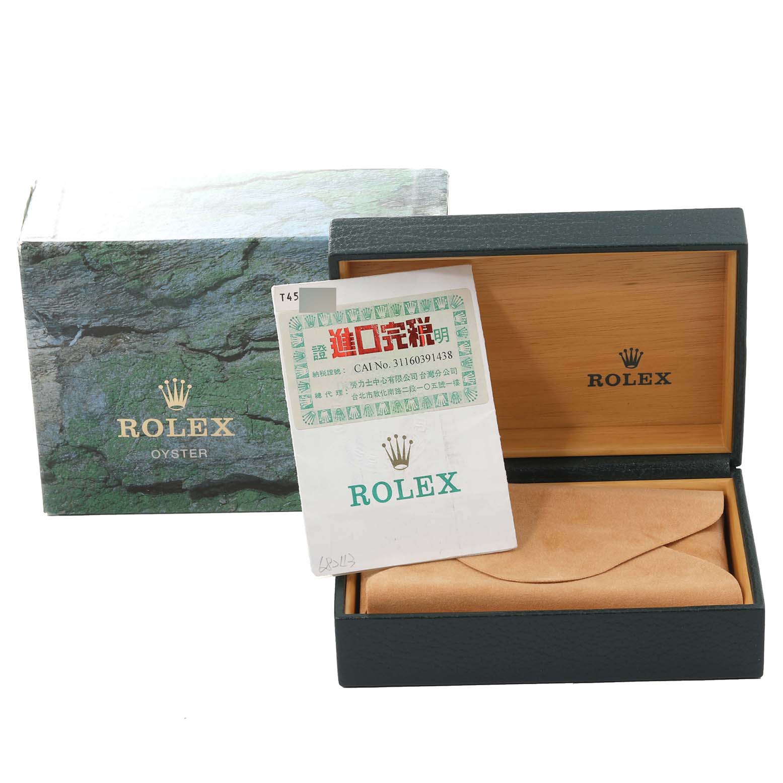 The image shows the packaging and documentation for a Rolex Mid-Size 68243 Women
s Steel and Gold (two tone) White Dial 68243 Women
s Steel and Gold (two tone) White Dial model, including an open watch box and a warranty card.