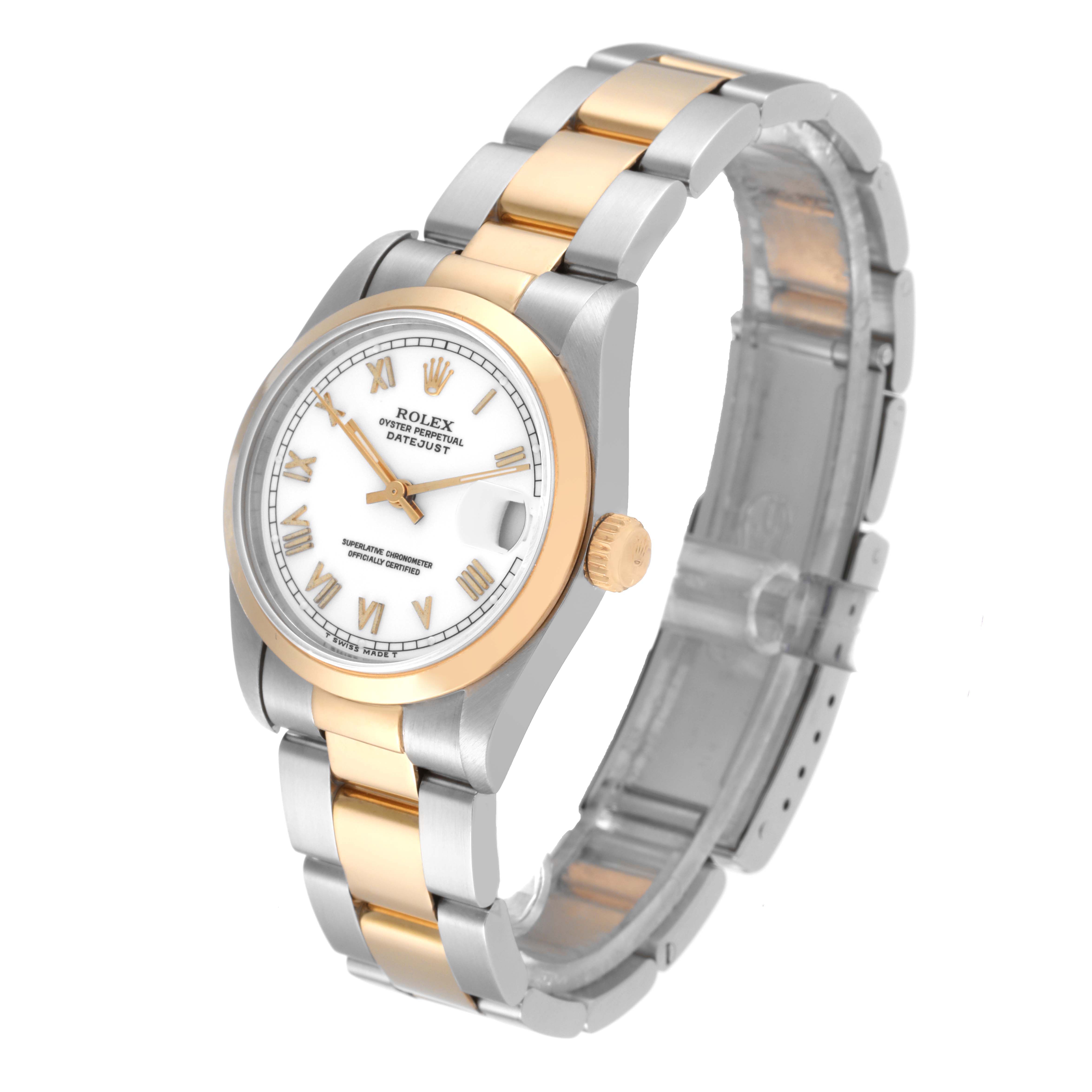 The Rolex Mid-Size 68243 Women
s Steel and Gold (two tone) White Dial 68243 Women
s Steel and Gold (two tone) White Dial model shows an angled view of the face, bezel, and bracelet, highlighting the two-tone design.