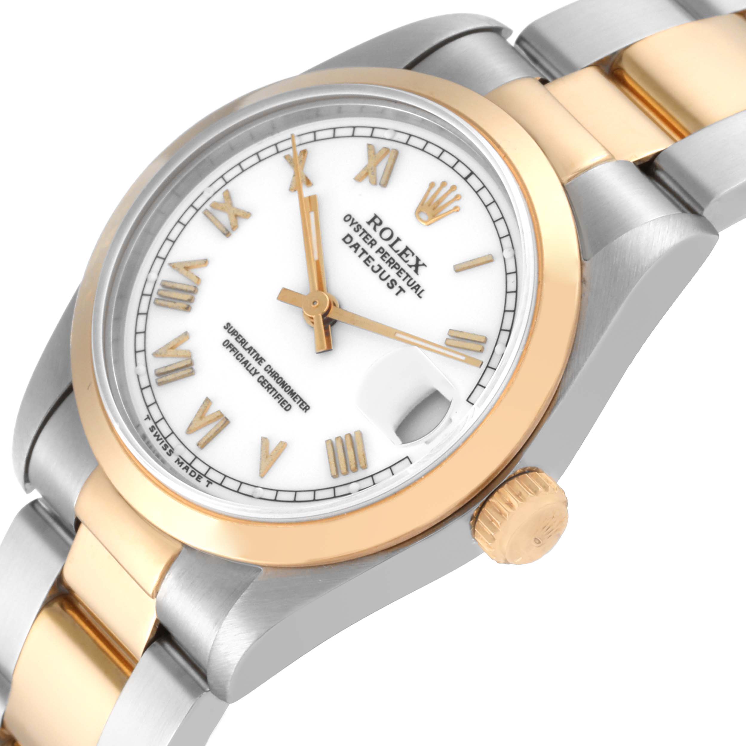 This image shows a Rolex Mid-Size 68243 Women
s Steel and Gold (two tone) White Dial 68243 Women
s Steel and Gold (two tone) White Dial Datejust watch from an angled side view, highlighting the dial, bezel, crown, and part of the bracelet.