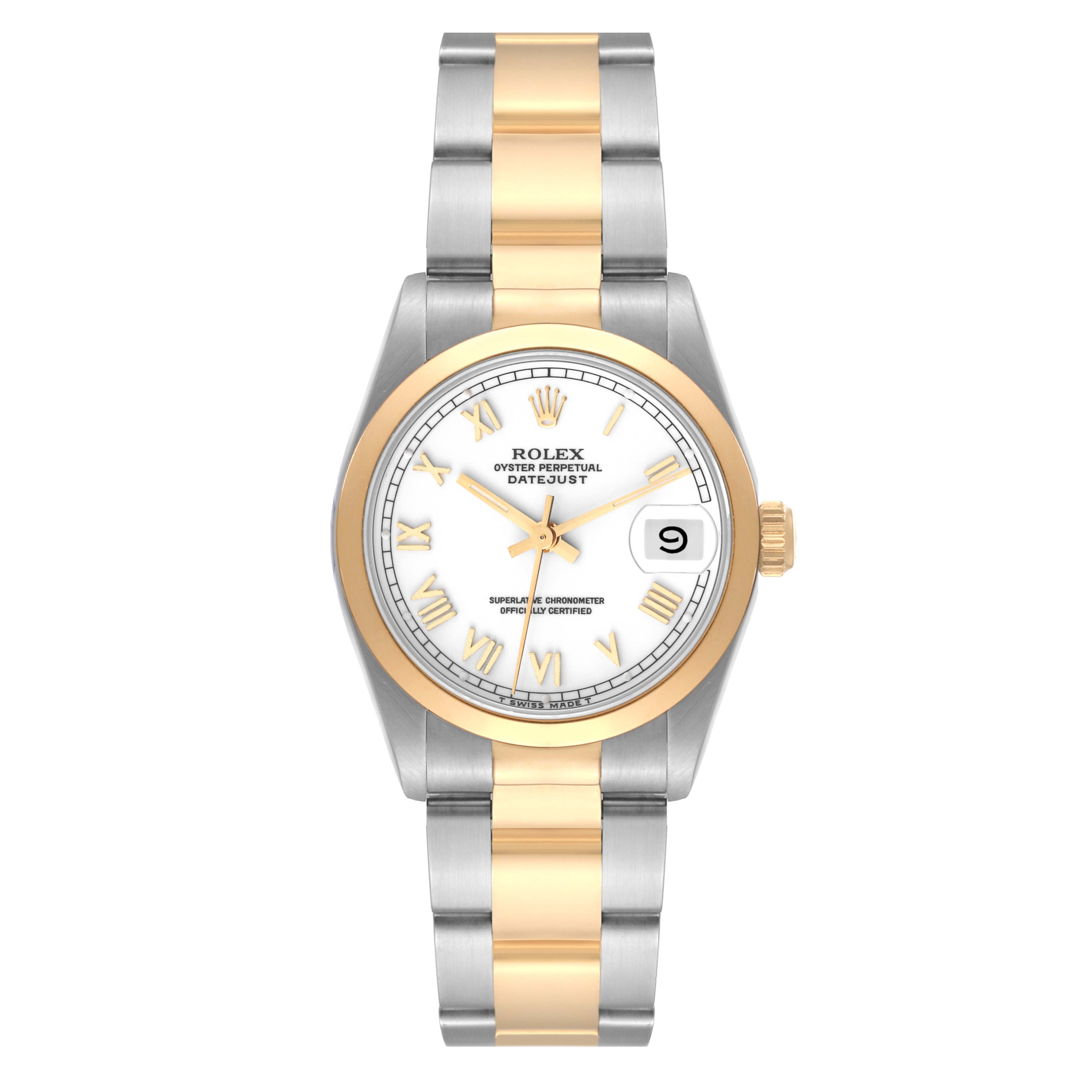 This image shows a frontal view of a Rolex Oyster Perpetual Datejust Mid-Size model watch, featuring a two-tone bracelet and a white dial with gold accents.