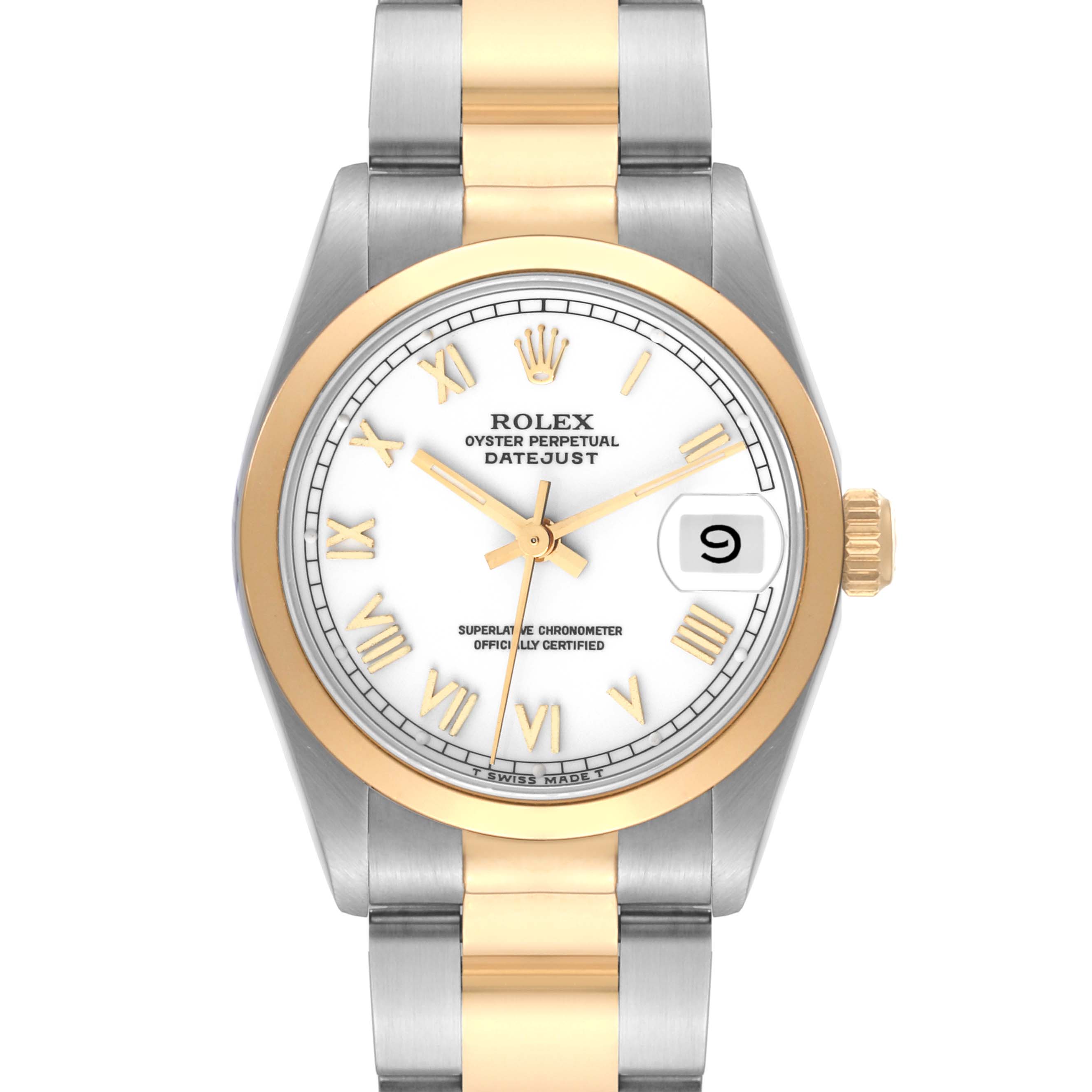 The image shows a front view of the Rolex Mid-Size 68243 Women
s Steel and Gold (two tone) White Dial 68243 Women
s Steel and Gold (two tone) White Dial Oyster Perpetual Datejust watch, displaying the dial, bezel, and bracelet.