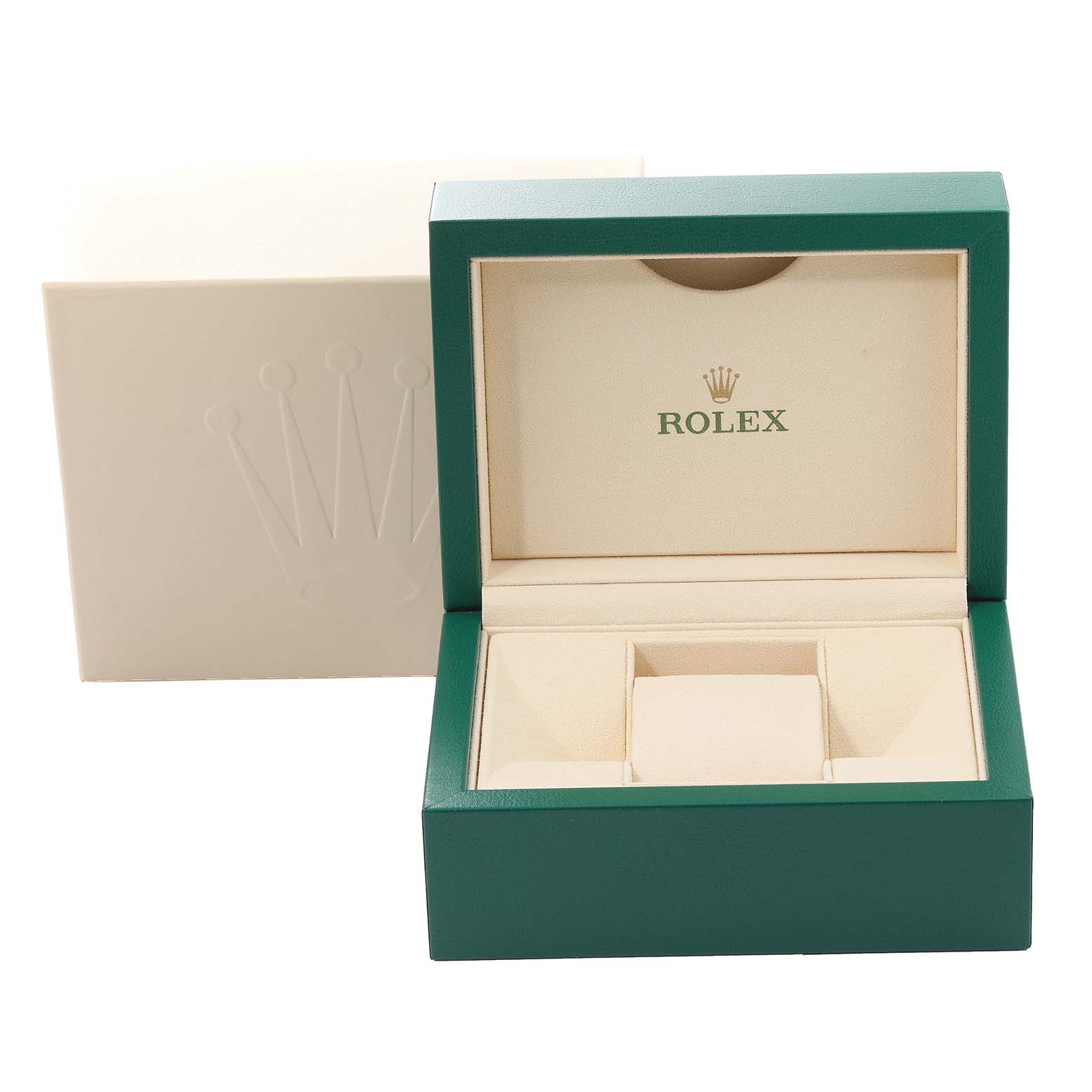 This image shows an open Rolex Mid-Size 178274 Women
s Stainless Steel Mother of Pearl Dial 178274 Women
s Stainless Steel Mother of Pearl Dial watch box, displaying its cushioned interior and the Rolex logo.
