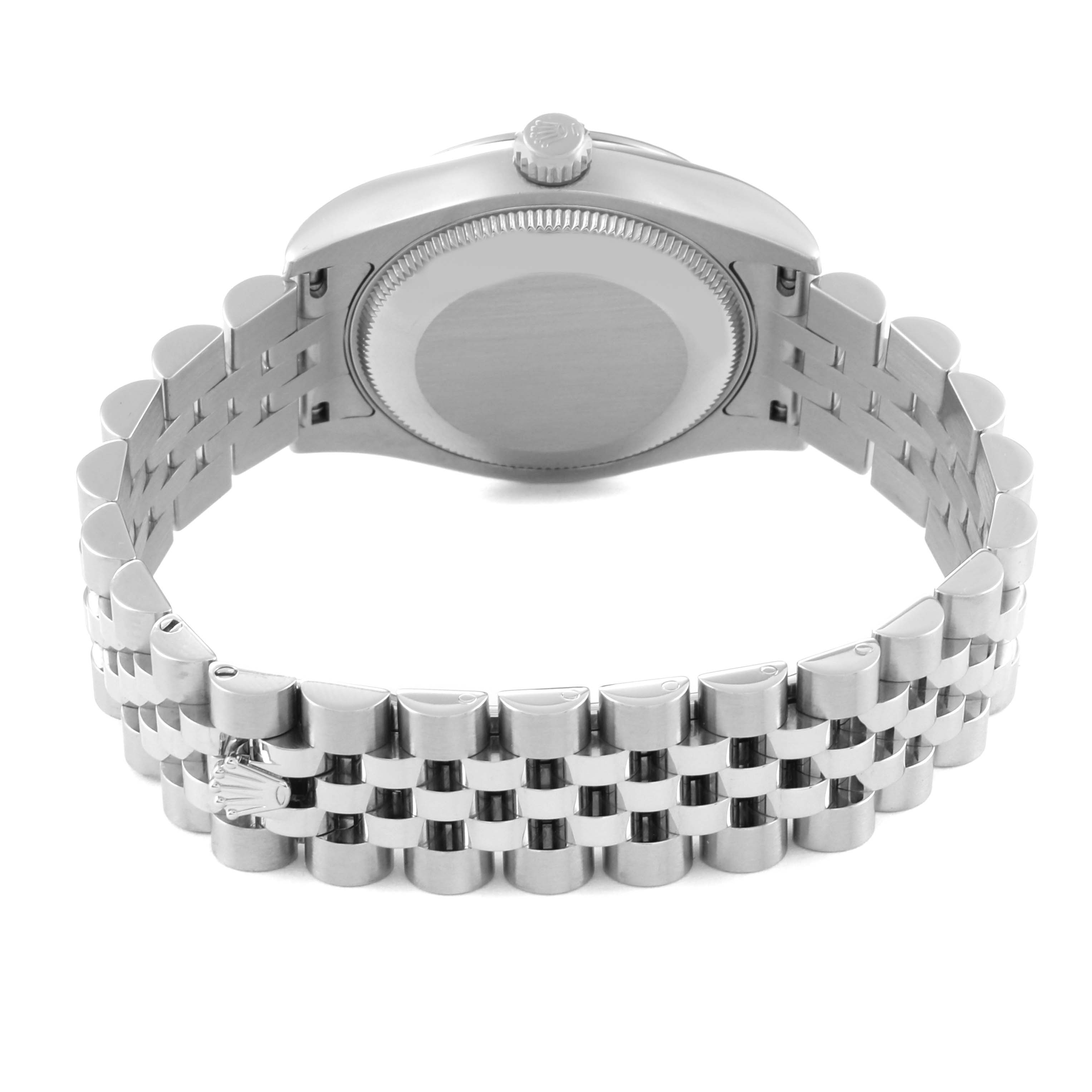 This image shows the back view of the Mid-Size Rolex watch, highlighting the case back and the bracelet with the clasp.