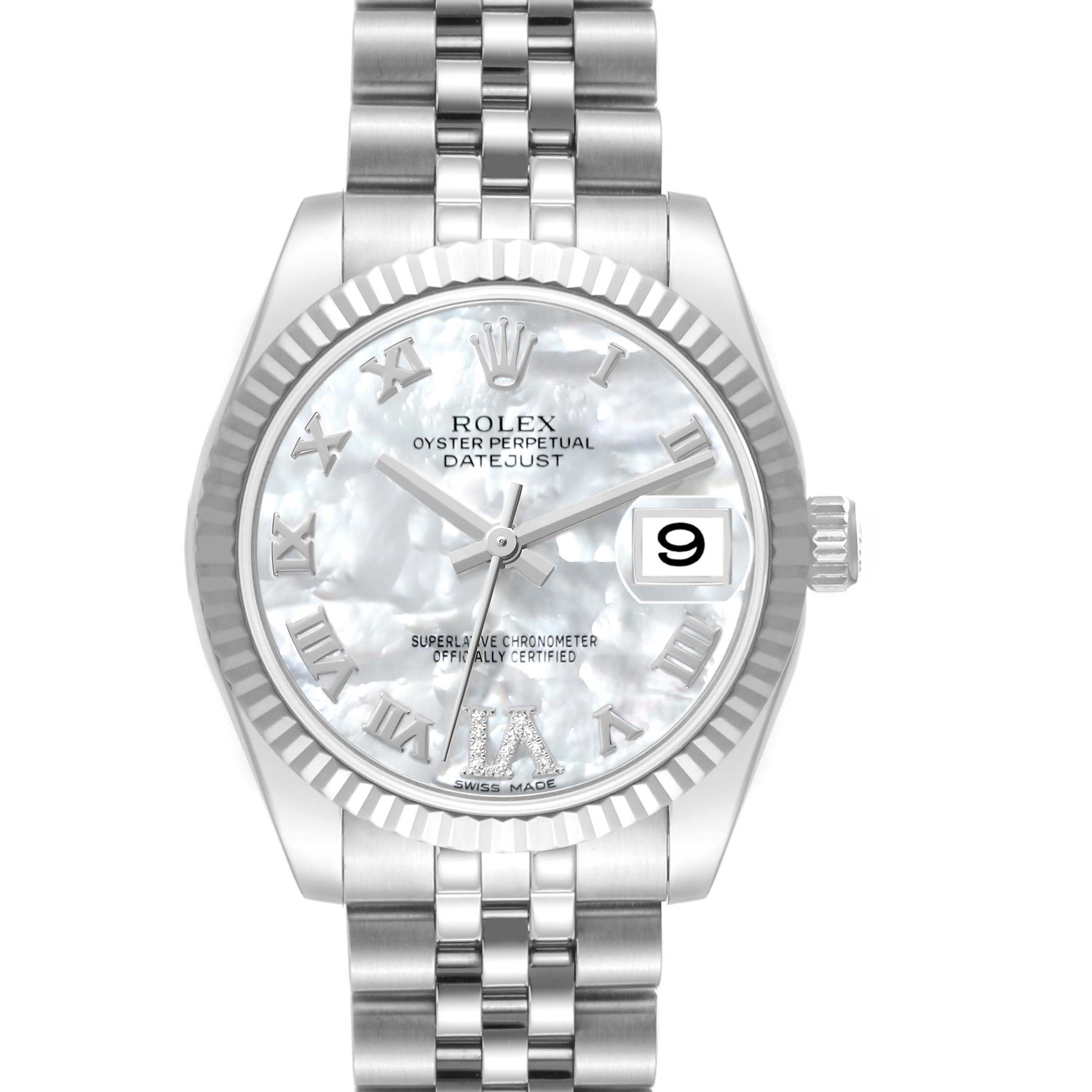 This image shows the front view of a Rolex Mid-Size 178274 Women
s Stainless Steel Mother of Pearl Dial 178274 Women
s Stainless Steel Mother of Pearl Dial Datejust watch, featuring its dial, bezel, and bracelet.