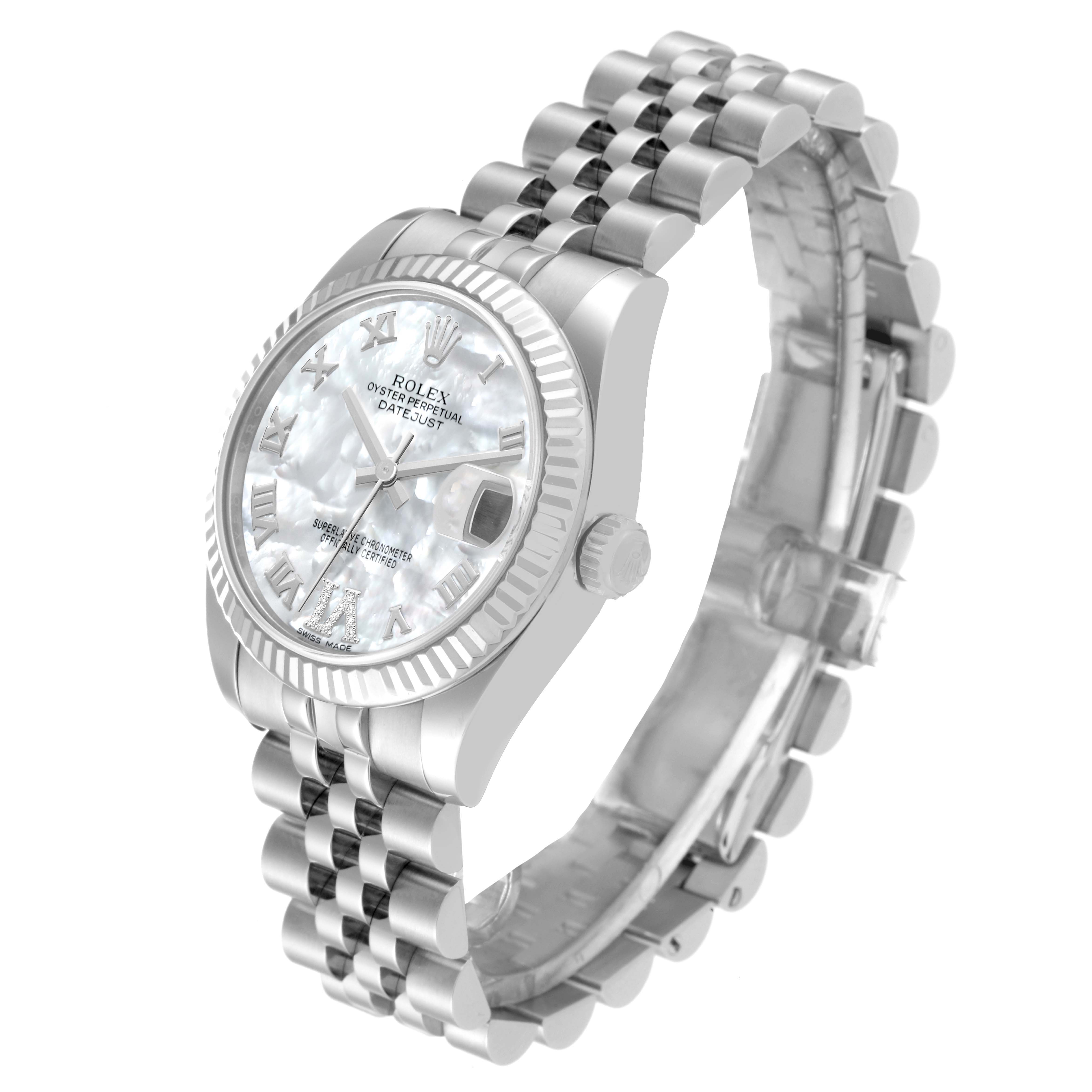 The image shows a Rolex Mid-Size 178274 Women
s Stainless Steel Mother of Pearl Dial 178274 Women
s Stainless Steel Mother of Pearl Dial Oyster Perpetual Datejust watch with a partial side view and Jubilee bracelet.