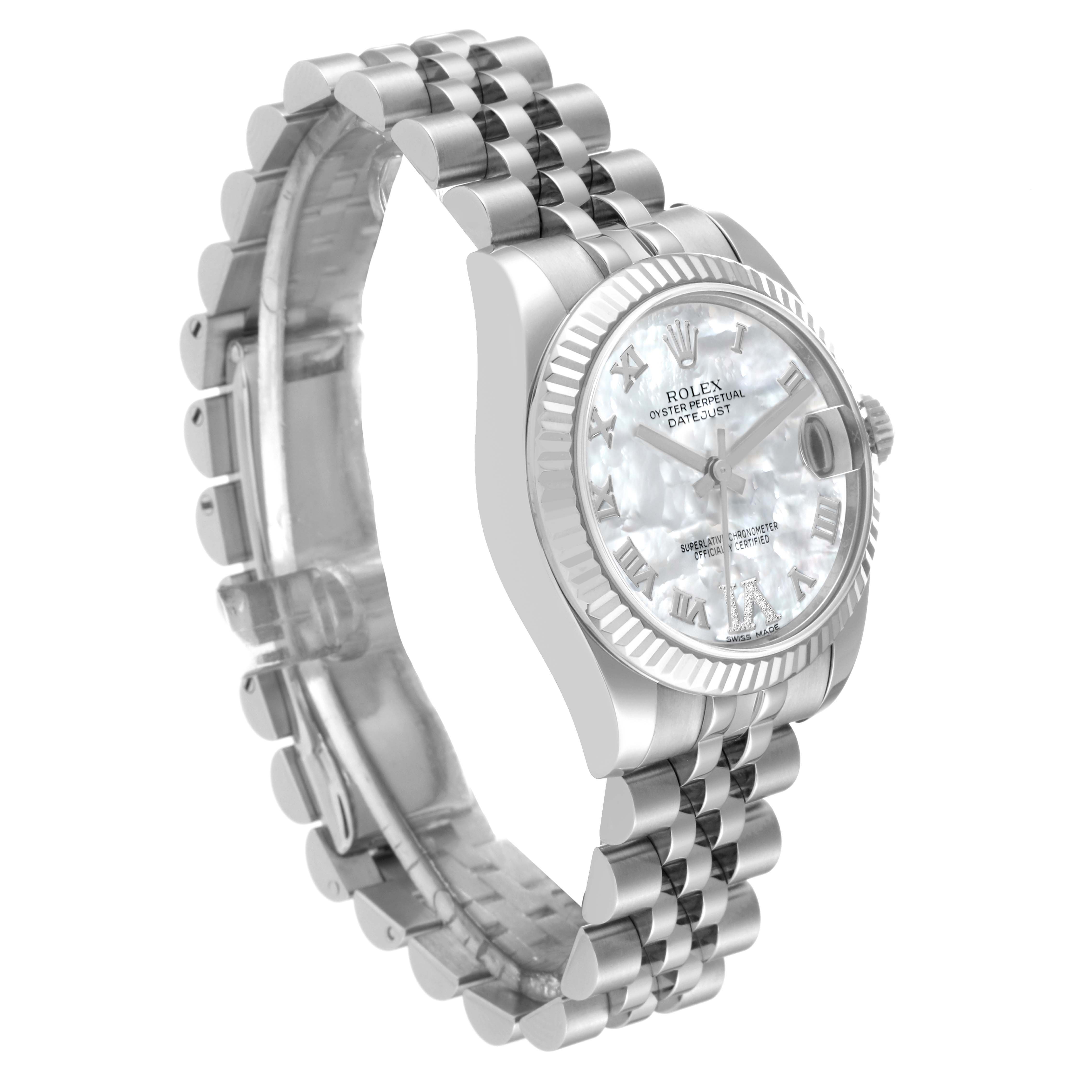 The image shows a Rolex Datejust Mid-Size watch angled to display the face, bezel, and bracelet.