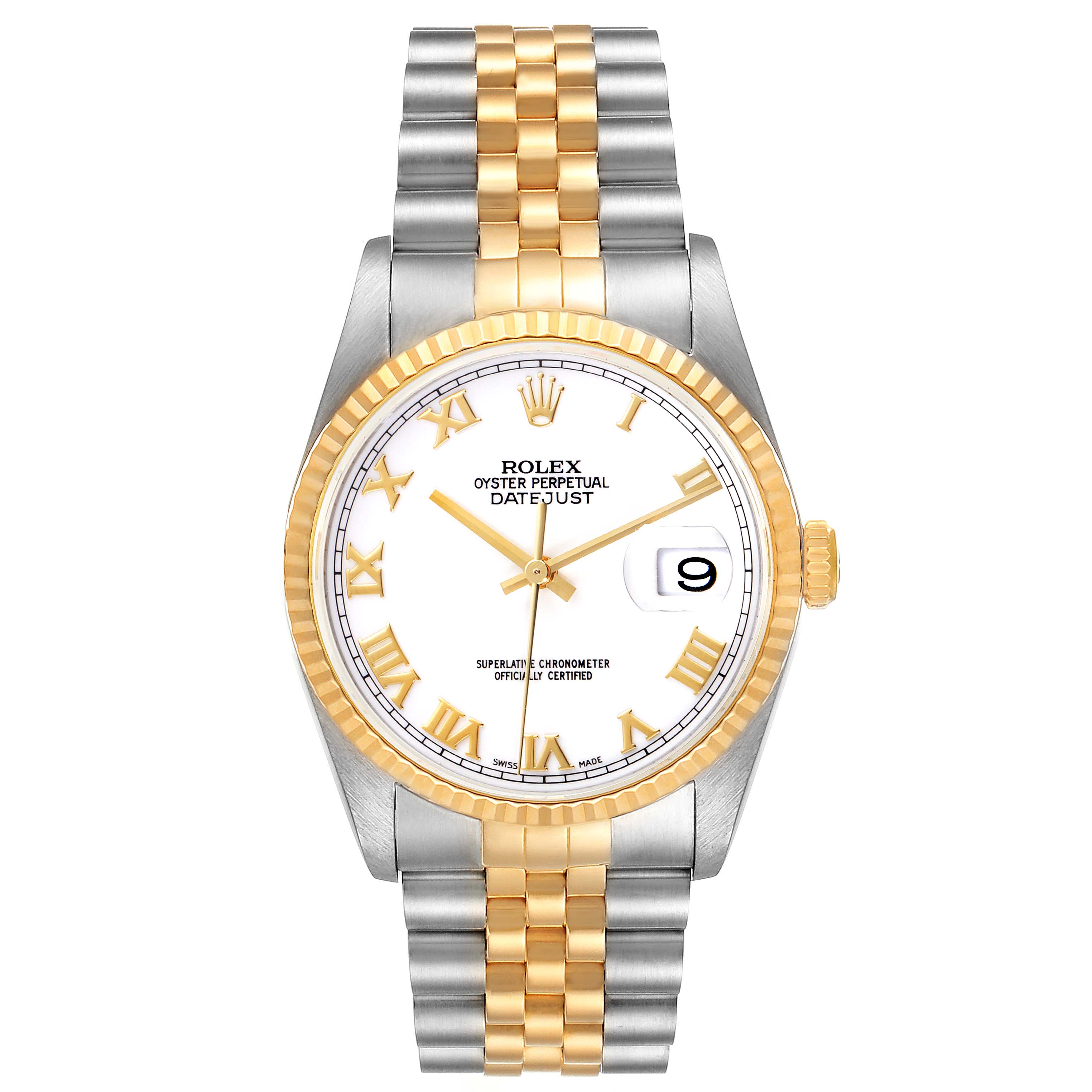 This image shows a front view of a Rolex Datejust 16233 Men's Steel and Gold (two tone) White Dial 16233 Men's Steel and Gold (two tone) White Dial watch, highlighting its two-tone bracelet, fluted bezel, and date display.