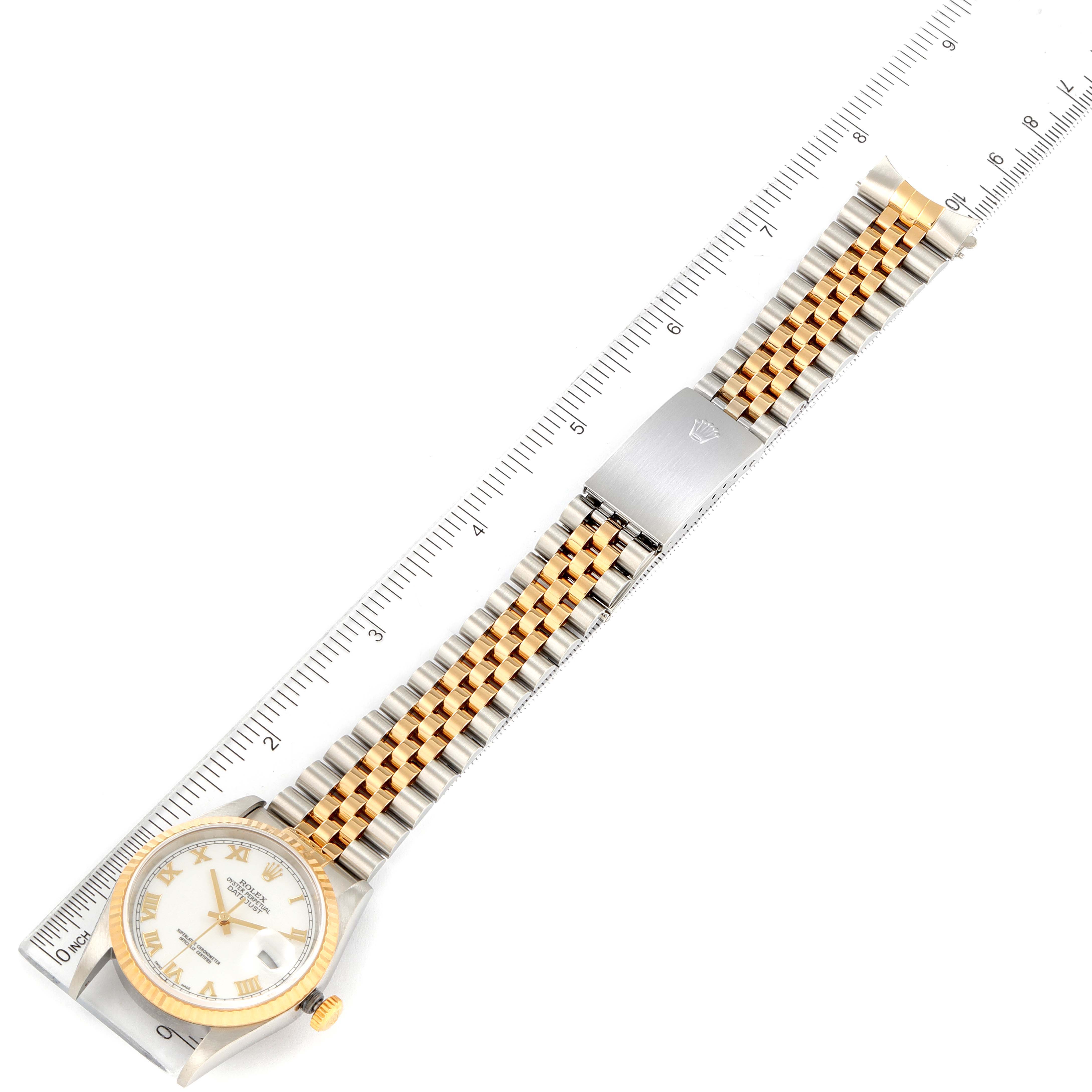 The Rolex Datejust 16233 Men's Steel and Gold (two tone) White Dial 16233 Men's Steel and Gold (two tone) White Dial watch is shown from a top-down angle, displaying the face, two-tone bracelet, and clasp.