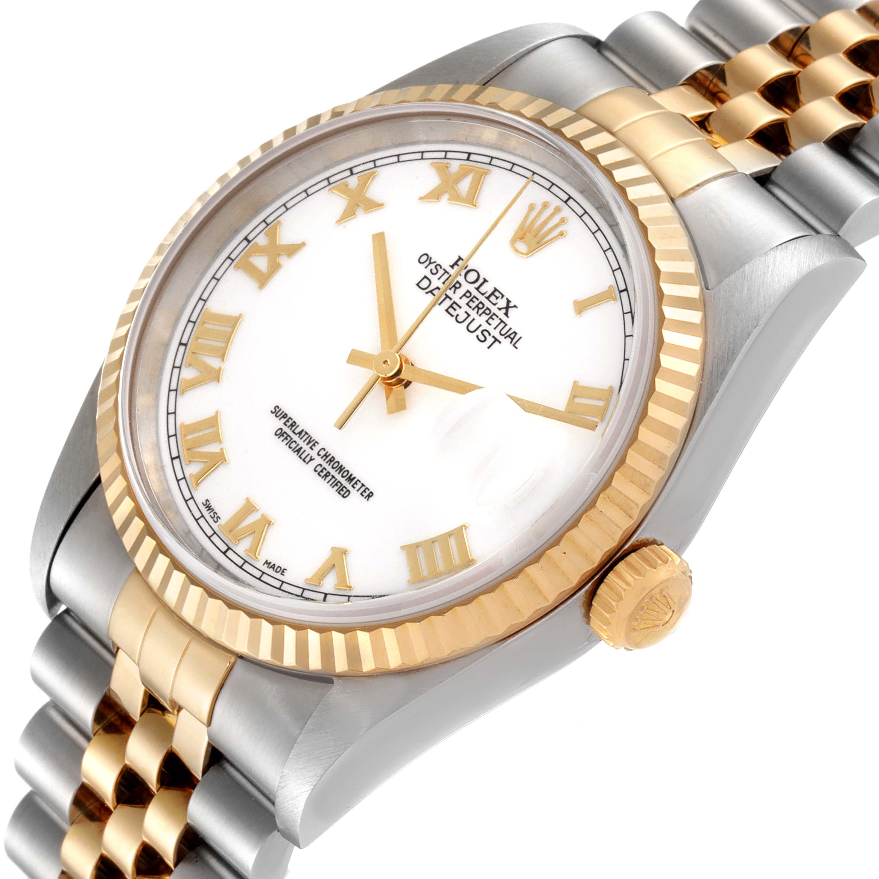 The angle shows a close-up of the Rolex Datejust 16233 Men's Steel and Gold (two tone) White Dial 16233 Men's Steel and Gold (two tone) White Dial watch's face, crown, and part of the bracelet.