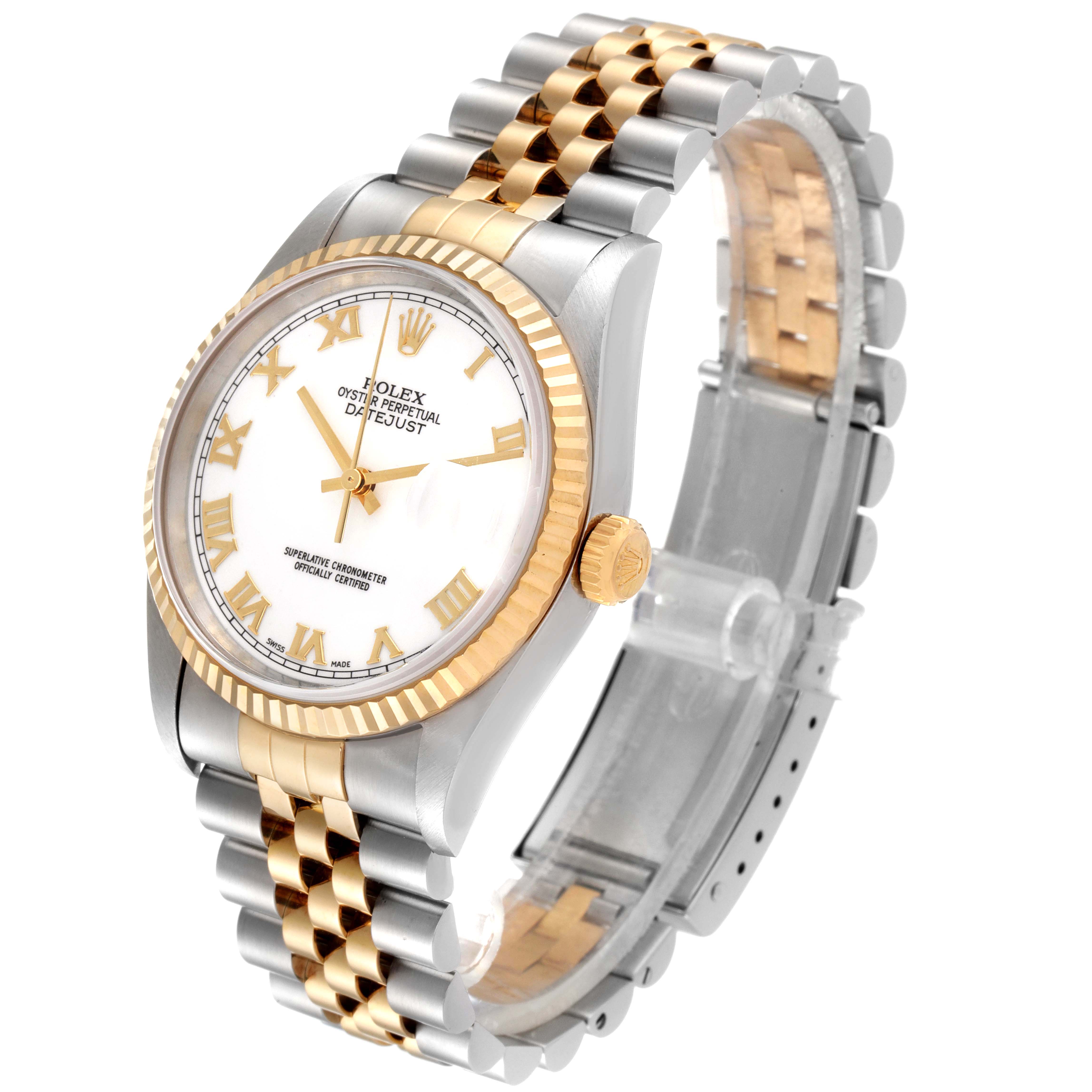 The image shows a side-angle view of a Rolex Datejust 16233 Men's Steel and Gold (two tone) White Dial 16233 Men's Steel and Gold (two tone) White Dial watch, displaying its face, bezel, crown, and two-tone bracelet.