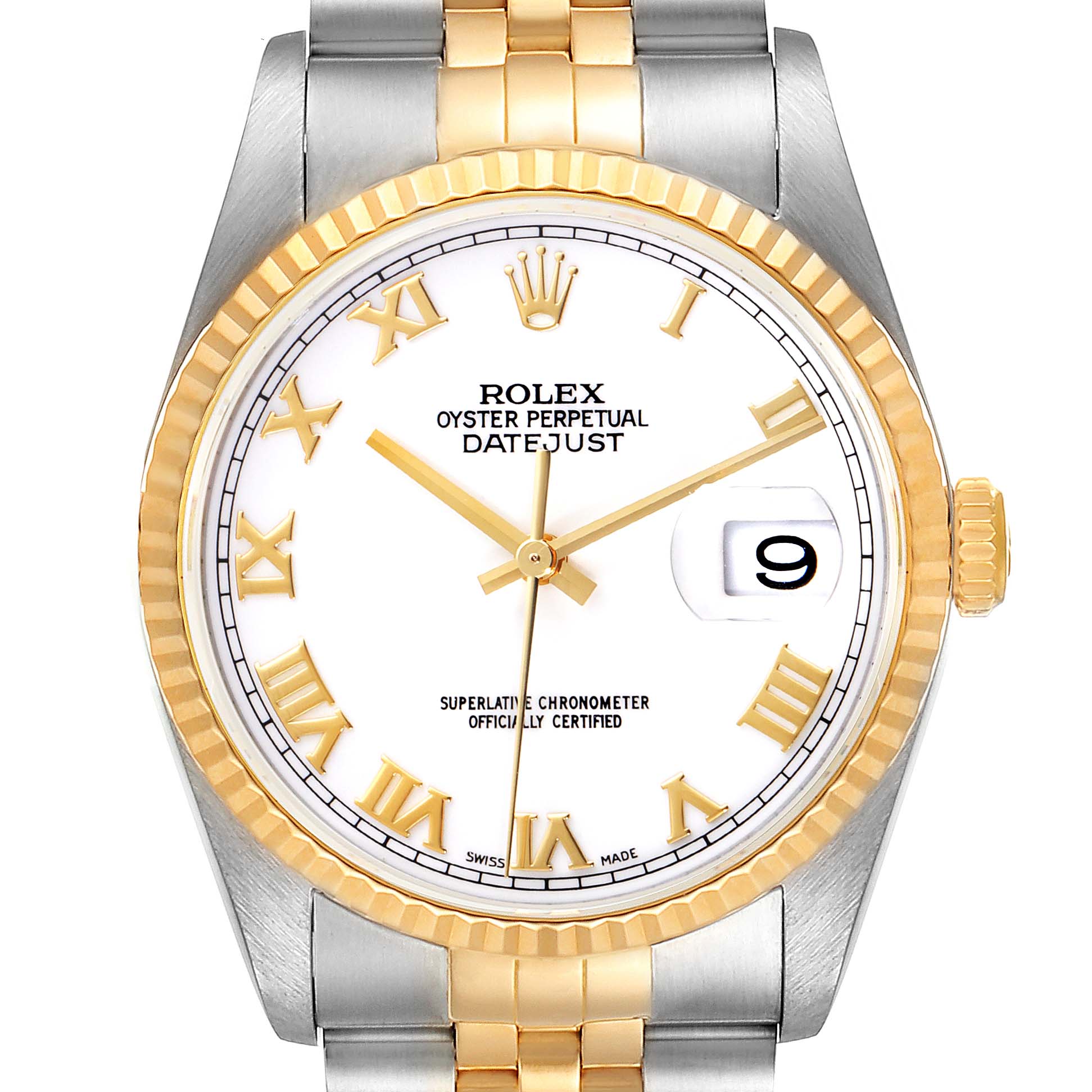 The image shows a front view of a Rolex Datejust 16233 Men's Steel and Gold (two tone) White Dial 16233 Men's Steel and Gold (two tone) White Dial watch, highlighting the dial, bezel, and the beginning of the bracelet.