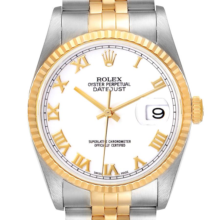 The image shows a front view of a Rolex Datejust watch, highlighting the dial, bezel, and the beginning of the bracelet.