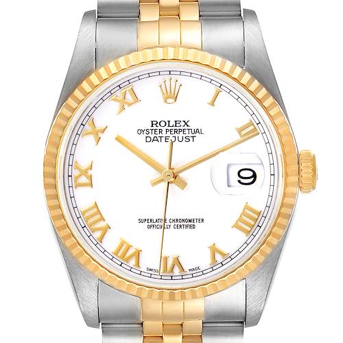 The image shows a frontal view of the Rolex Datejust, displaying the watch face, bezel, and partial bracelet.