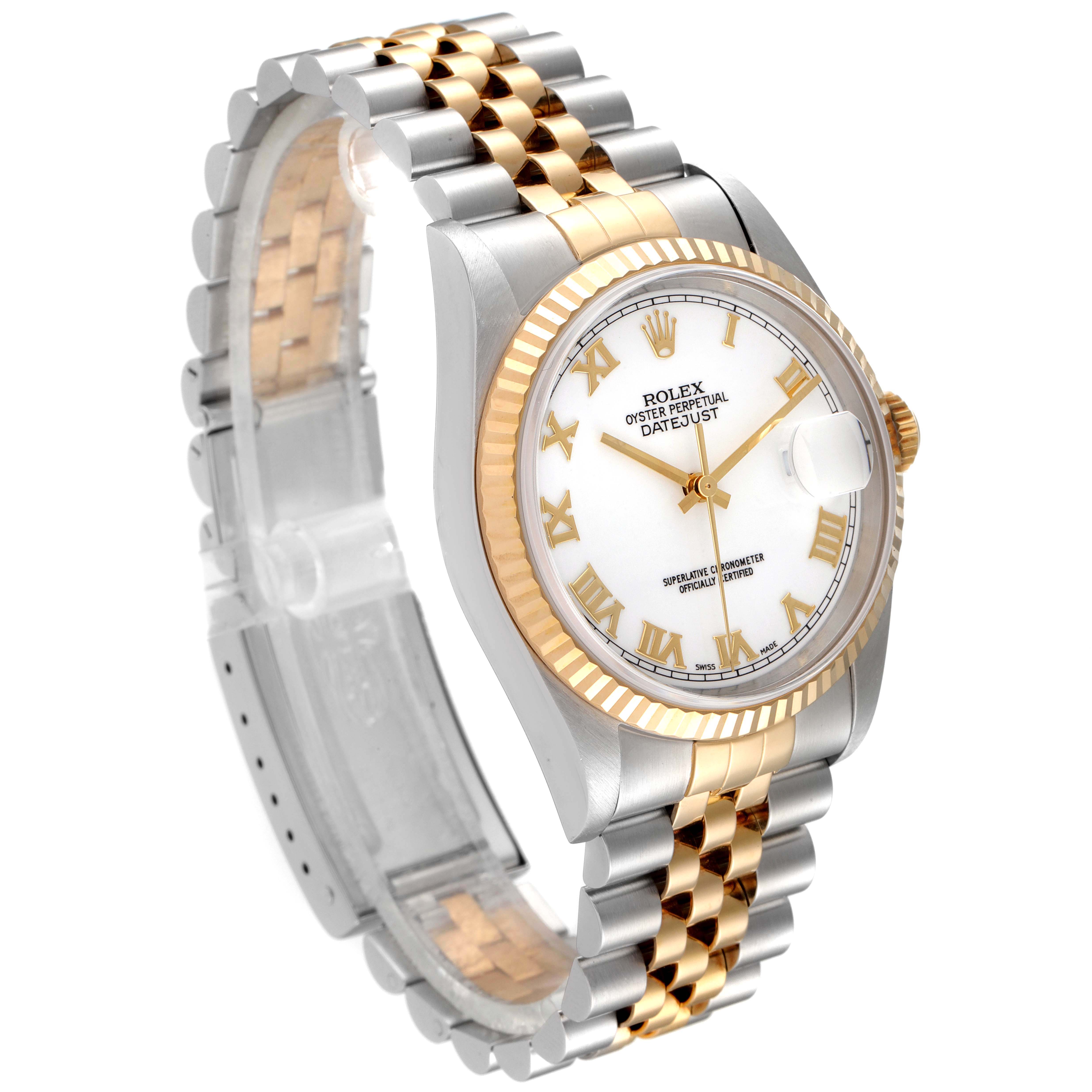 The image shows a Rolex Datejust 16233 Men's Steel and Gold (two tone) White Dial 16233 Men's Steel and Gold (two tone) White Dial watch with a two-tone bracelet, angled to display the dial, bezel, and band.