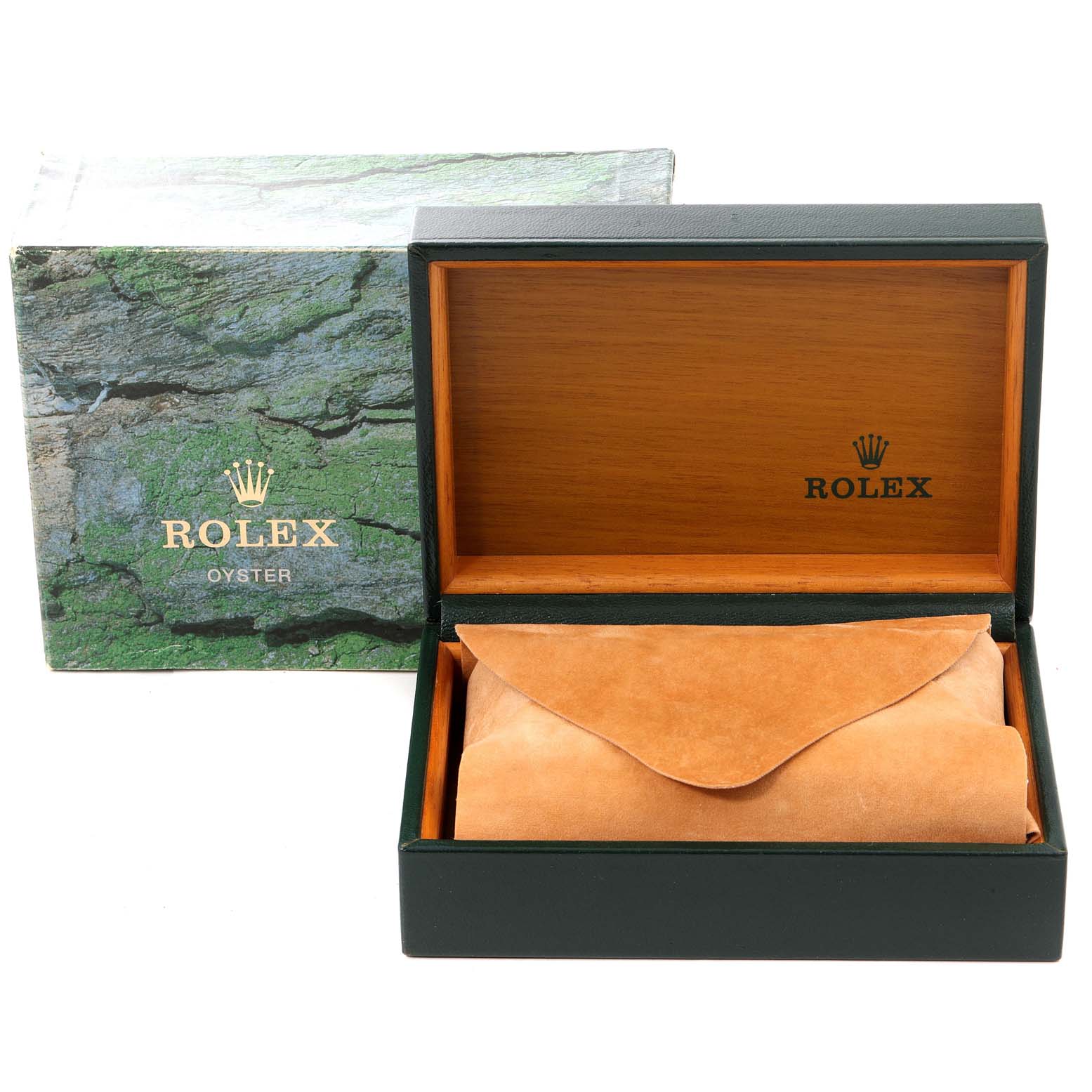 The image shows the packaging for a Rolex Datejust 16233 Men's Steel and Gold (two tone) White Dial 16233 Men's Steel and Gold (two tone) White Dial watch, including the outer box, inner wooden box, and a suede pouch.