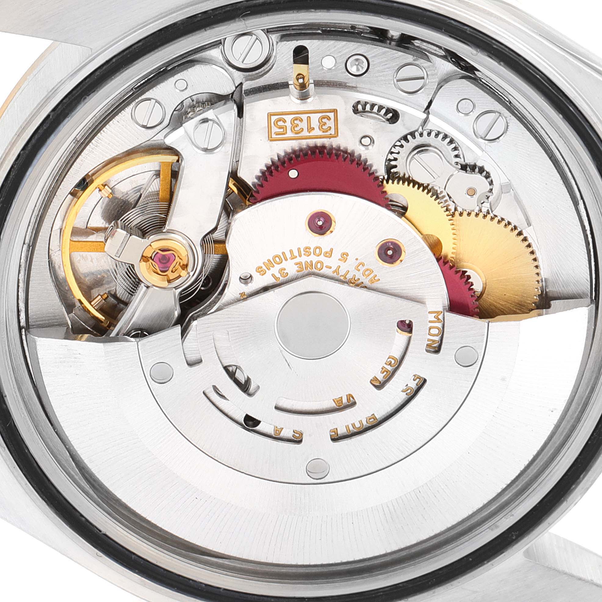 This image shows the internal mechanism of a Rolex Datejust 16233 Men's Steel and Gold (two tone) White Dial 16233 Men's Steel and Gold (two tone) White Dial watch, viewed from the back.