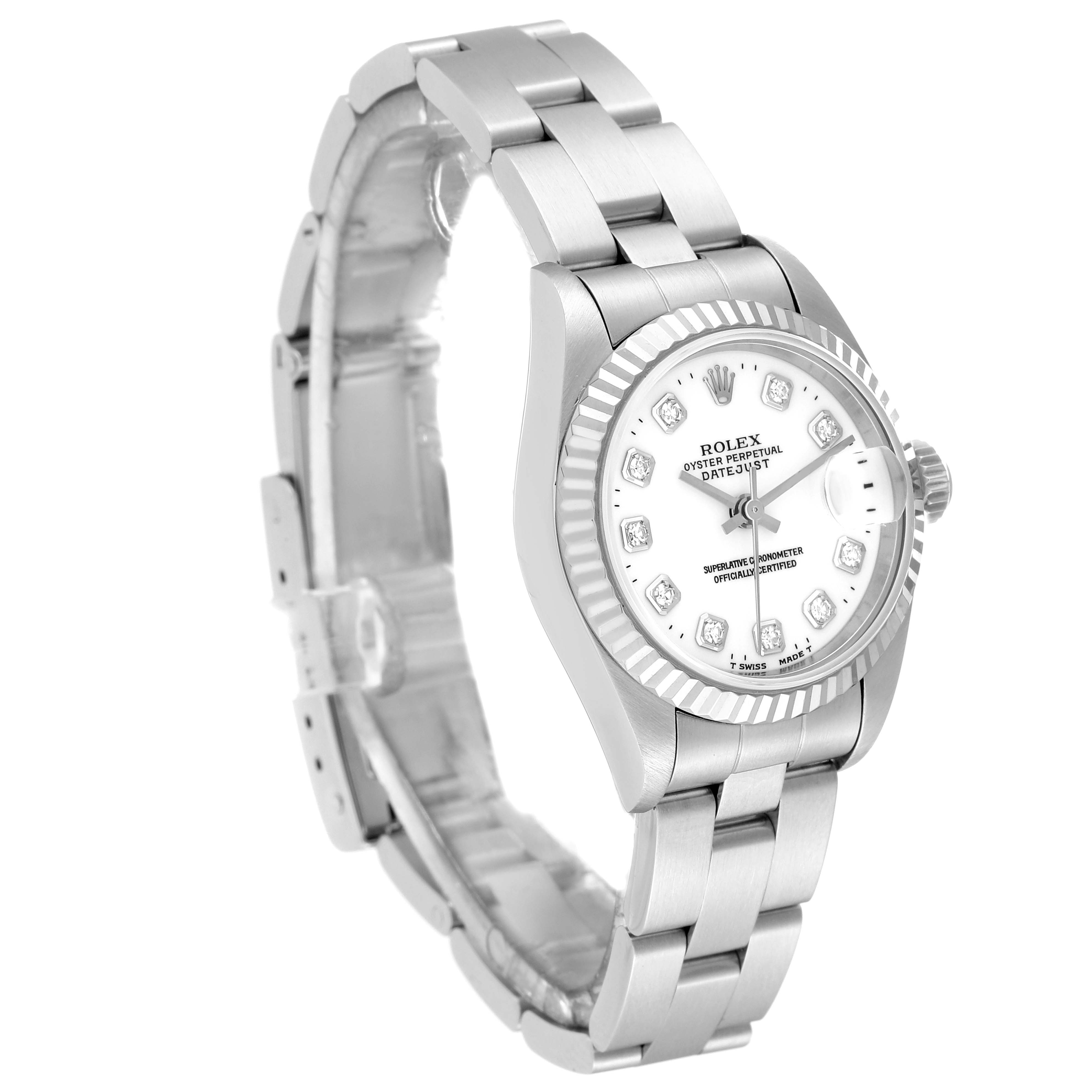 The image shows a side angle of a Rolex Datejust 69174 Women's Stainless Steel White Dial 69174 Women's Stainless Steel White Dial watch, displaying its bracelet, dial, and bezel.