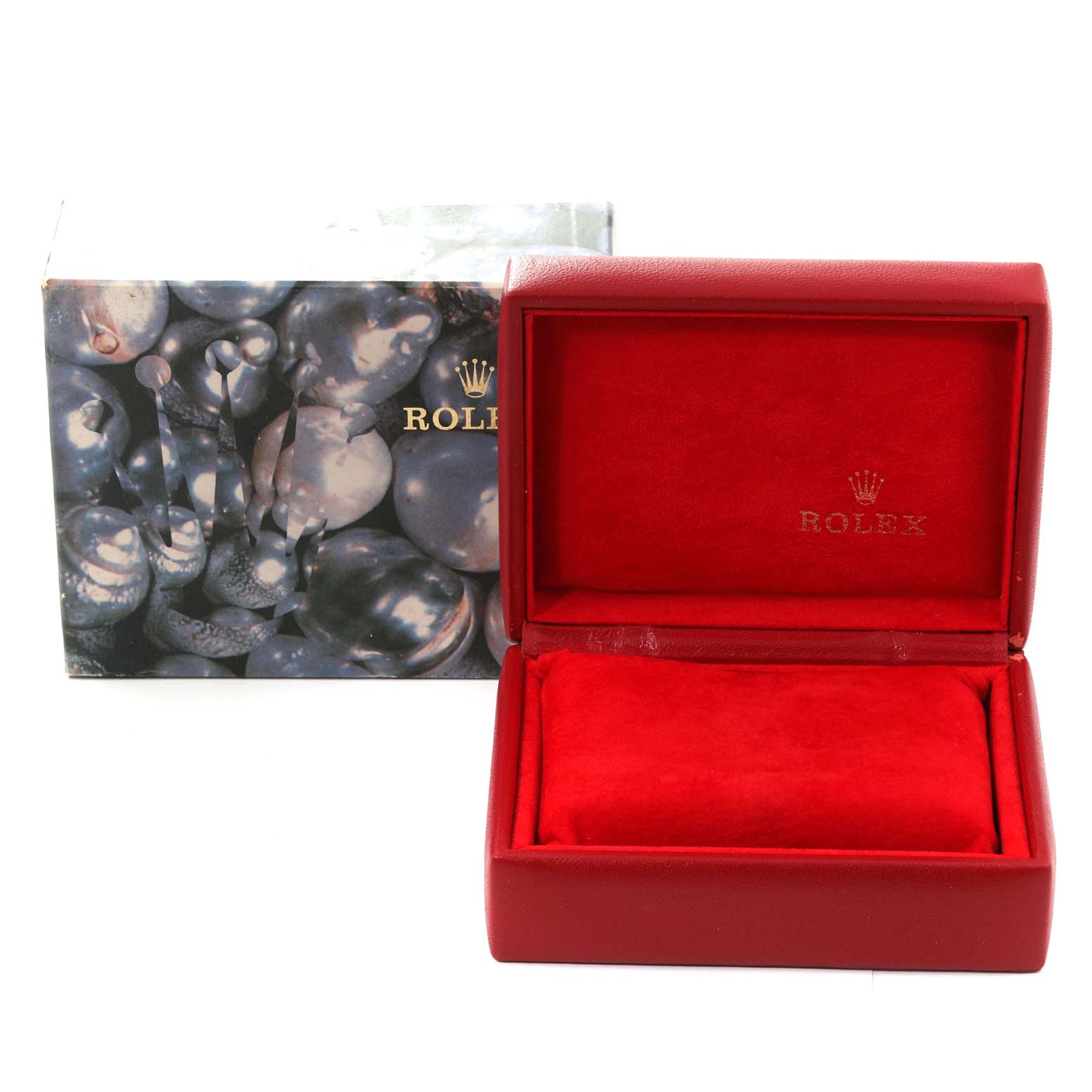 This image shows a Rolex Datejust 69174 Women's Stainless Steel White Dial 69174 Women's Stainless Steel White Dial watch box and its outer packaging at an upright angle.