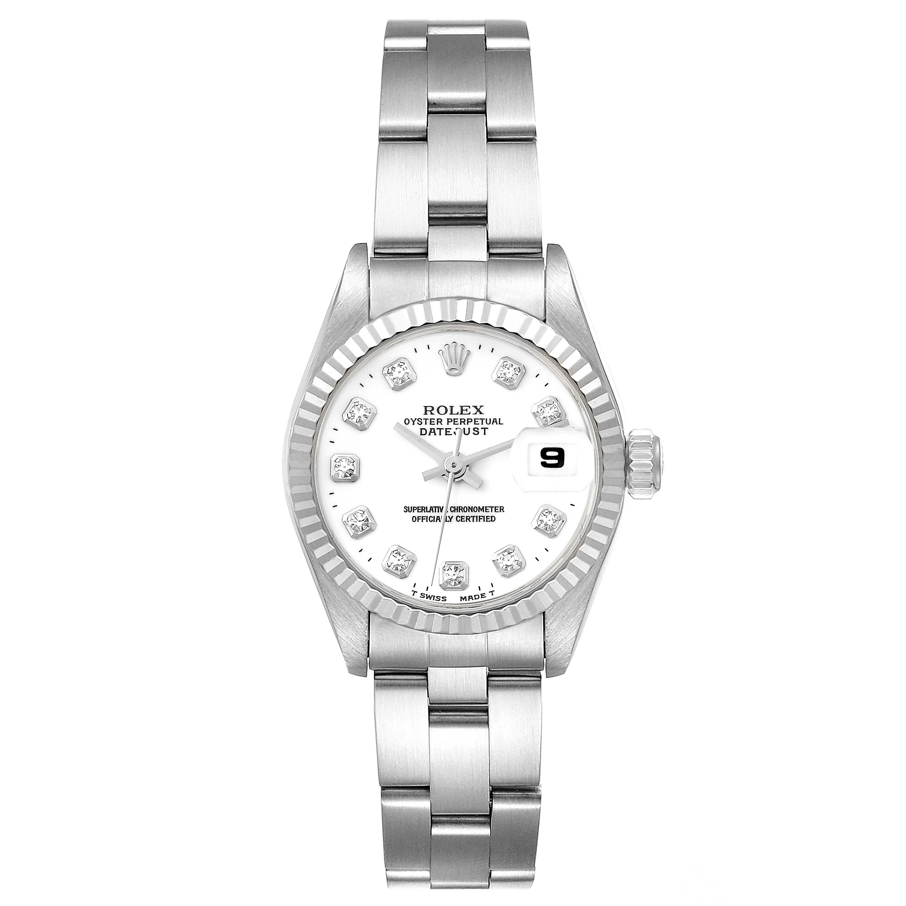 This image shows the entire Rolex Datejust 69174 Women's Stainless Steel White Dial 69174 Women's Stainless Steel White Dial watch from a straight-on angle, displaying its dial, bezel, and bracelet.