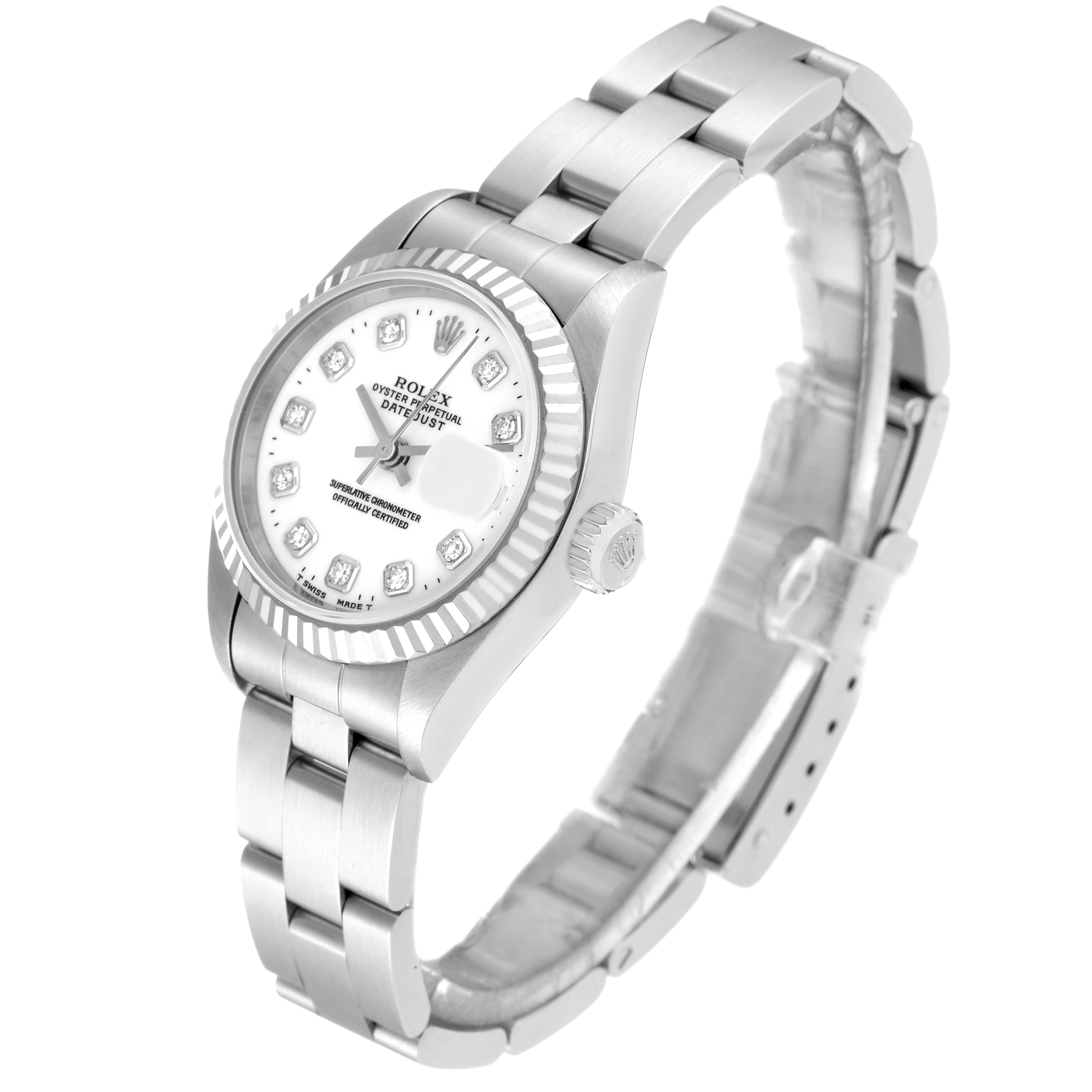 The image shows a Rolex Datejust 69174 Women's Stainless Steel White Dial 69174 Women's Stainless Steel White Dial watch from an angled side view, displaying the bracelet, case, dial, and crown.
