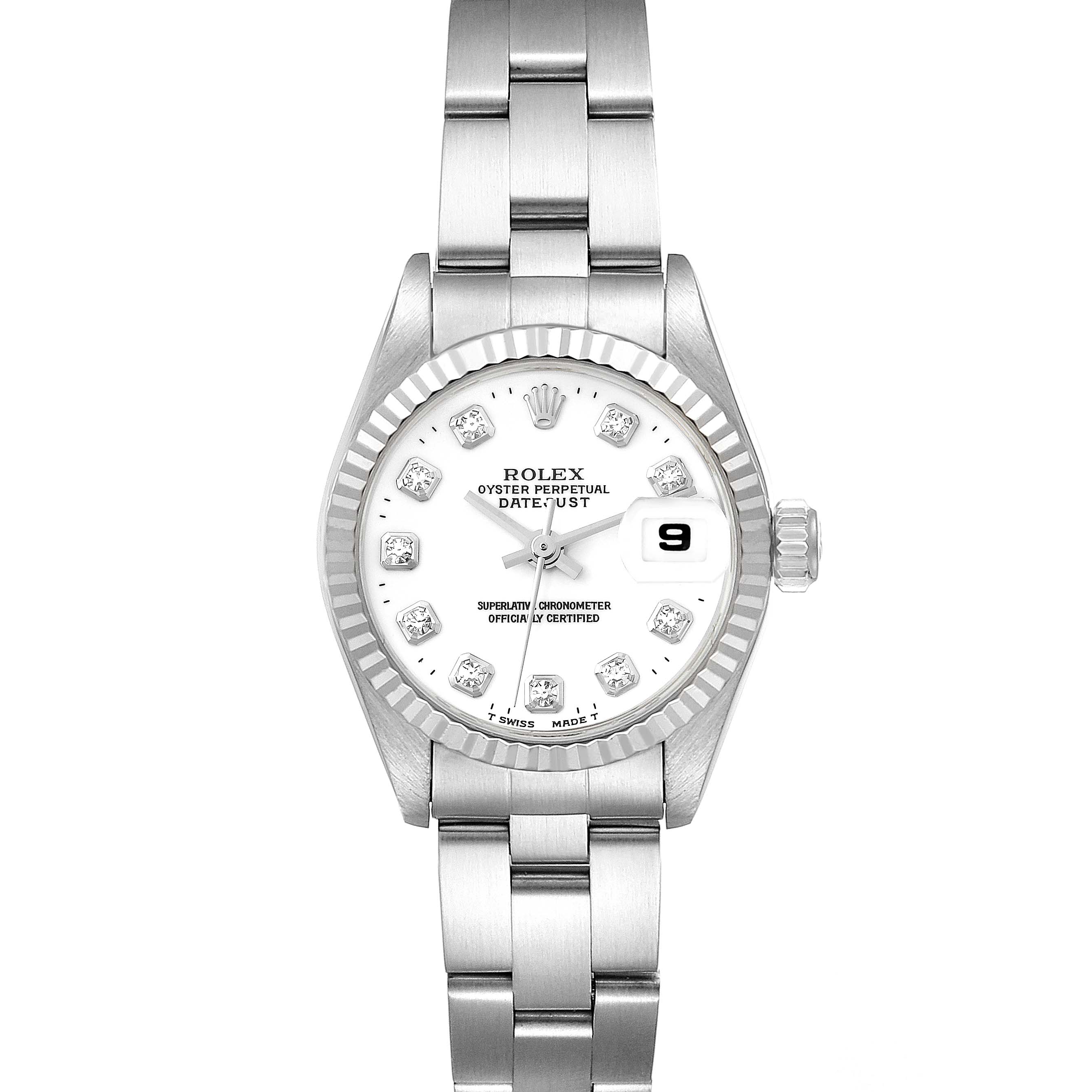 The image shows a front view of the Rolex Datejust 69174 Women's Stainless Steel White Dial 69174 Women's Stainless Steel White Dial watch, highlighting its dial, case, bracelet, and date function.
