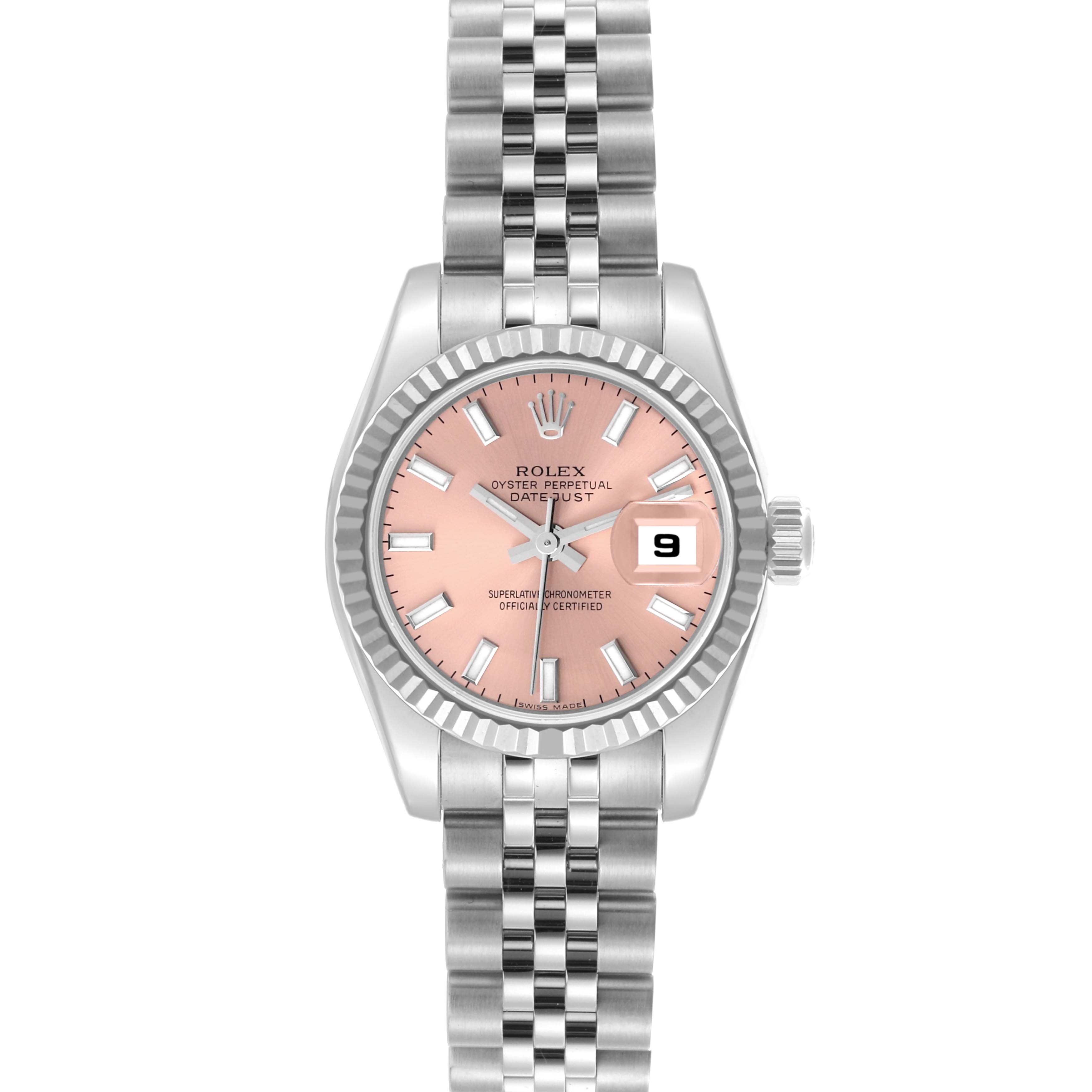 The Rolex Datejust 179174 Women's Stainless Steel Pink Dial 179174 Women's Stainless Steel Pink Dial watch is shown from a front angle, displaying the face, bezel, and part of the jubilee bracelet.