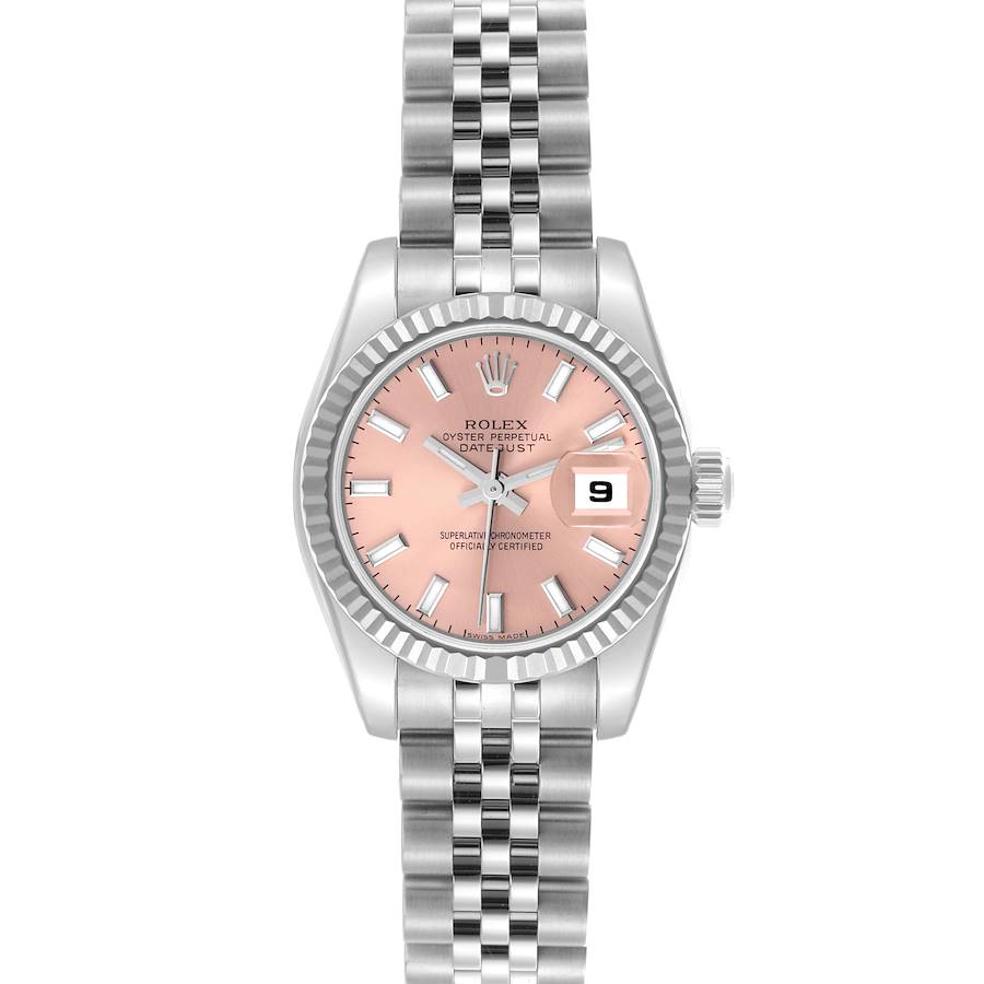 The Rolex Datejust watch is shown from a front angle, displaying the face, bezel, and part of the jubilee bracelet.