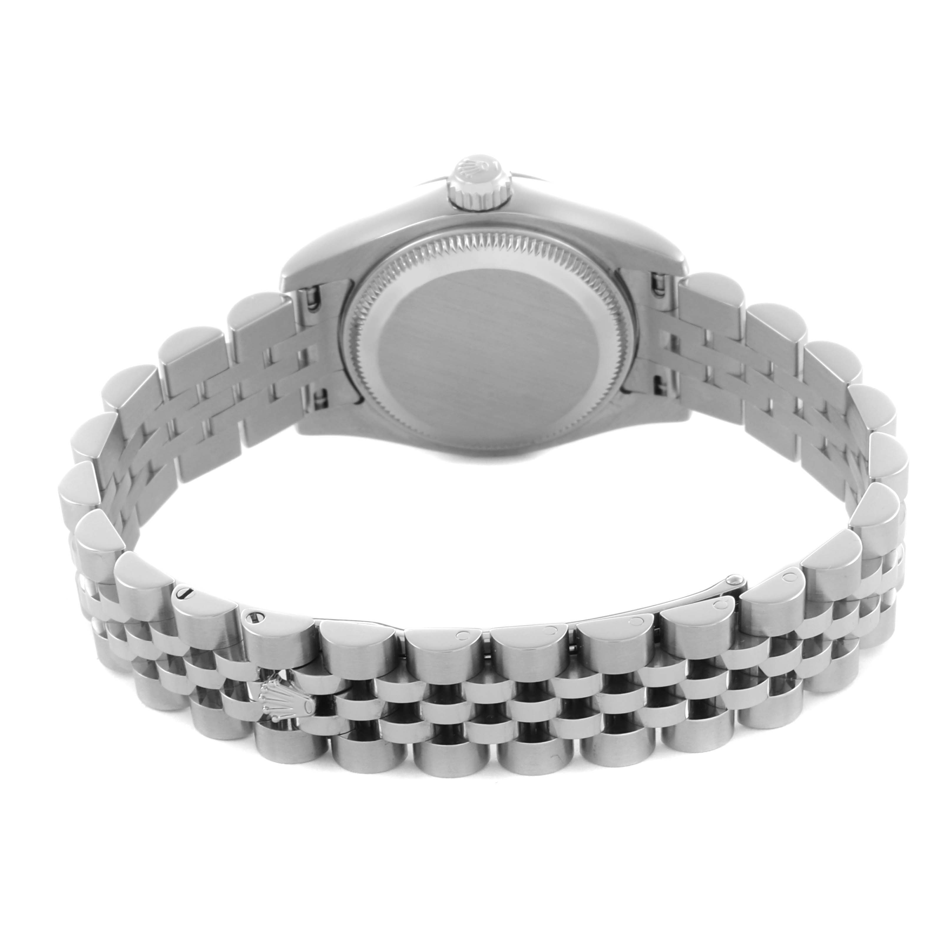 The image shows the back view of a Rolex Datejust 179174 Women's Stainless Steel Pink Dial 179174 Women's Stainless Steel Pink Dial watch, highlighting its case back and Jubilee bracelet.