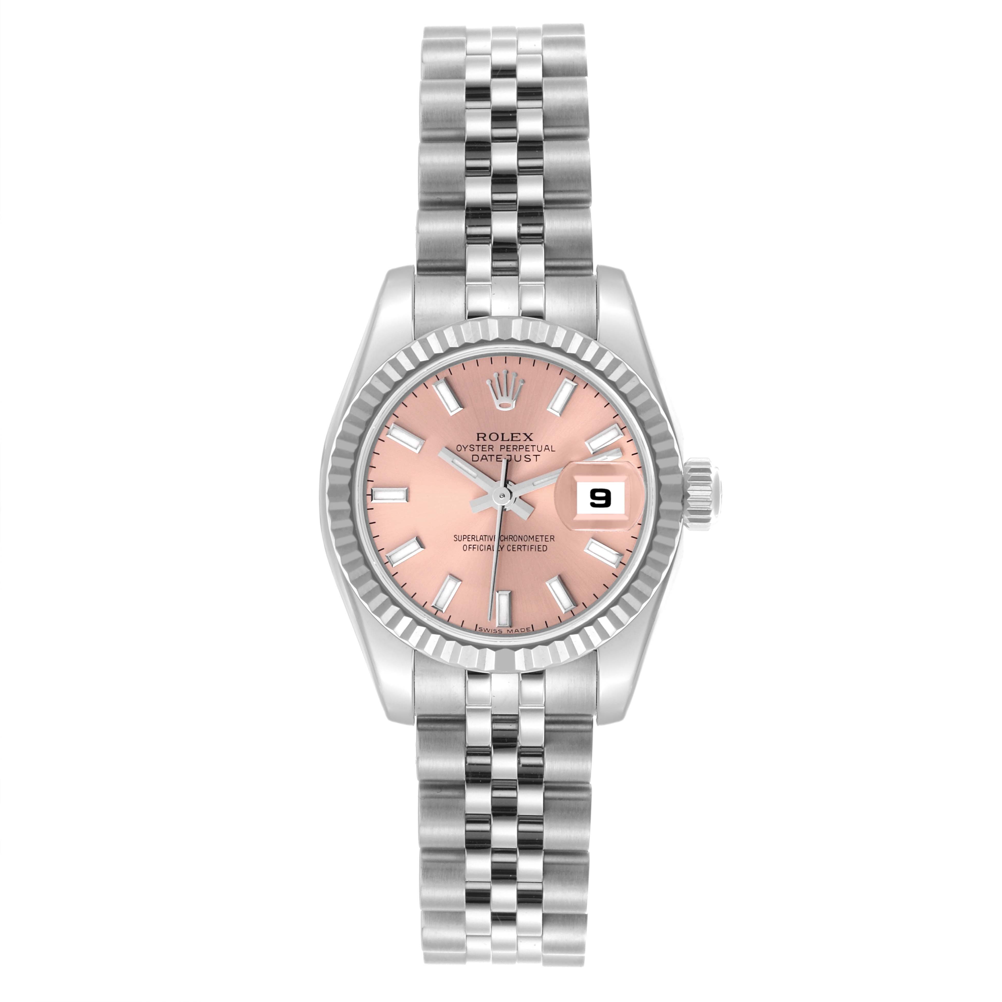 The Rolex Datejust 179174 Women's Stainless Steel Pink Dial 179174 Women's Stainless Steel Pink Dial watch is shown from the front, displaying its pink dial, fluted bezel, and Jubilee bracelet.