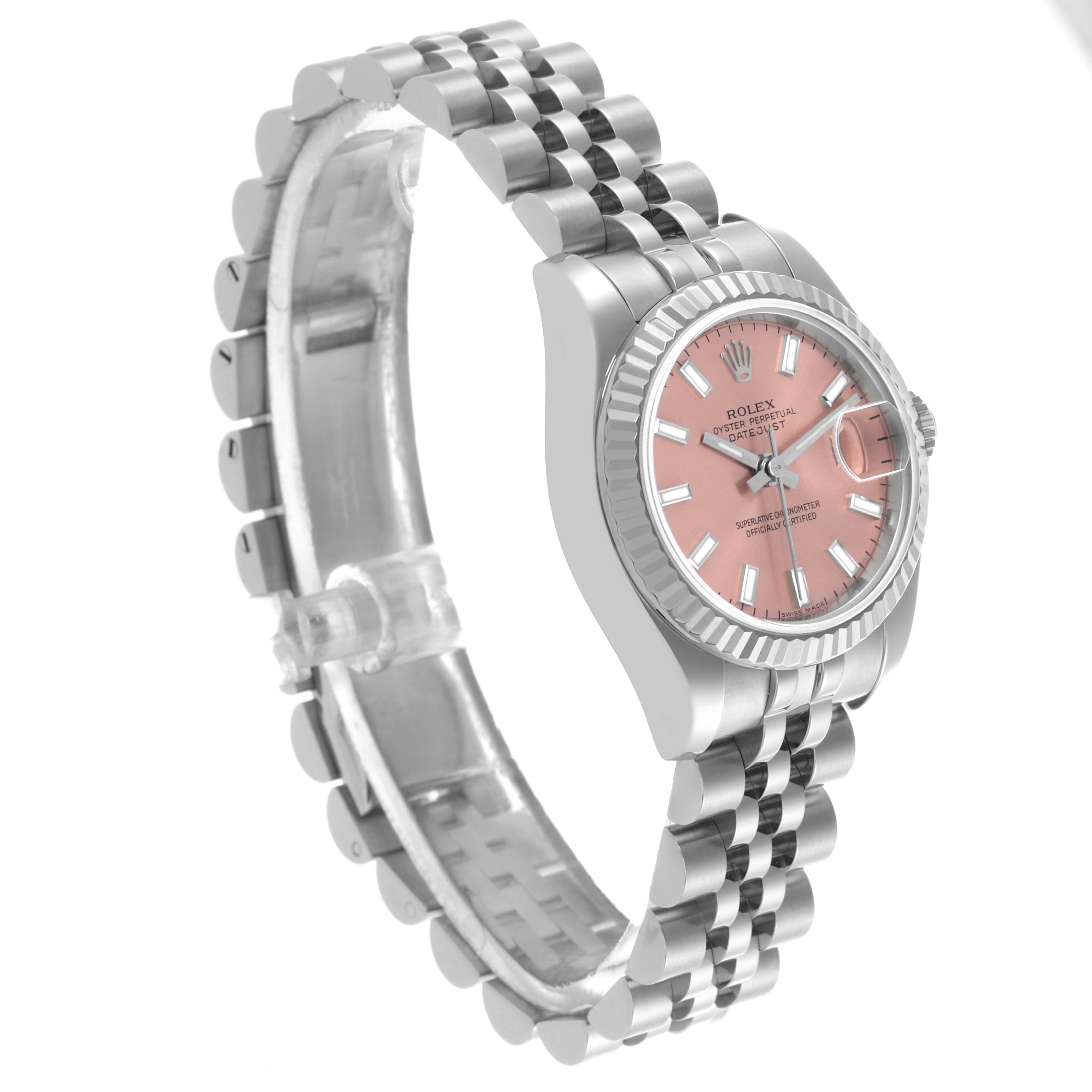 The Rolex Datejust 179174 Women's Stainless Steel Pink Dial 179174 Women's Stainless Steel Pink Dial watch is shown at a three-quarter angle, highlighting the dial, case, and bracelet.