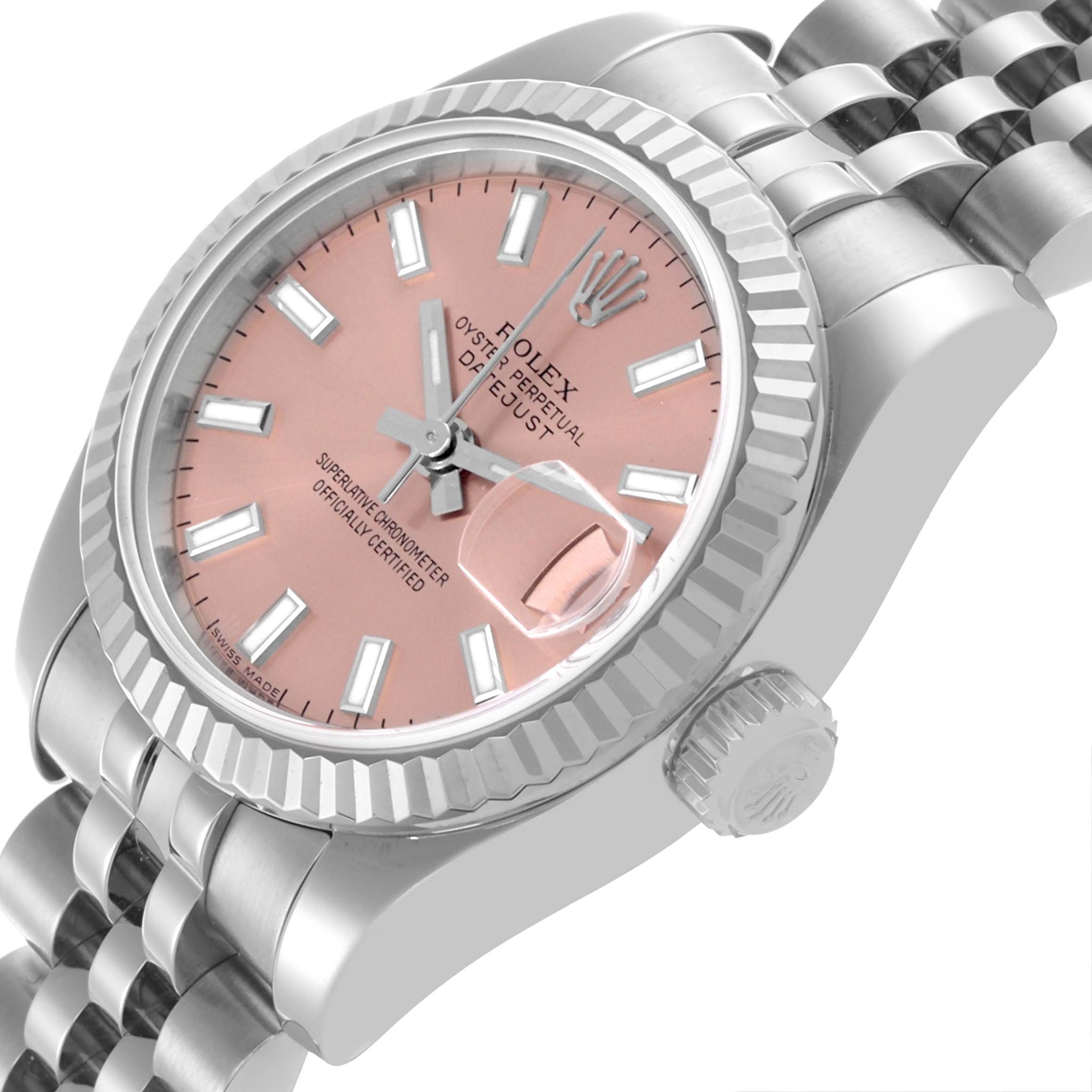 The Rolex Datejust 179174 Women's Stainless Steel Pink Dial 179174 Women's Stainless Steel Pink Dial watch is shown at an angled close-up, highlighting the dial, fluted bezel, crown, and metal bracelet.