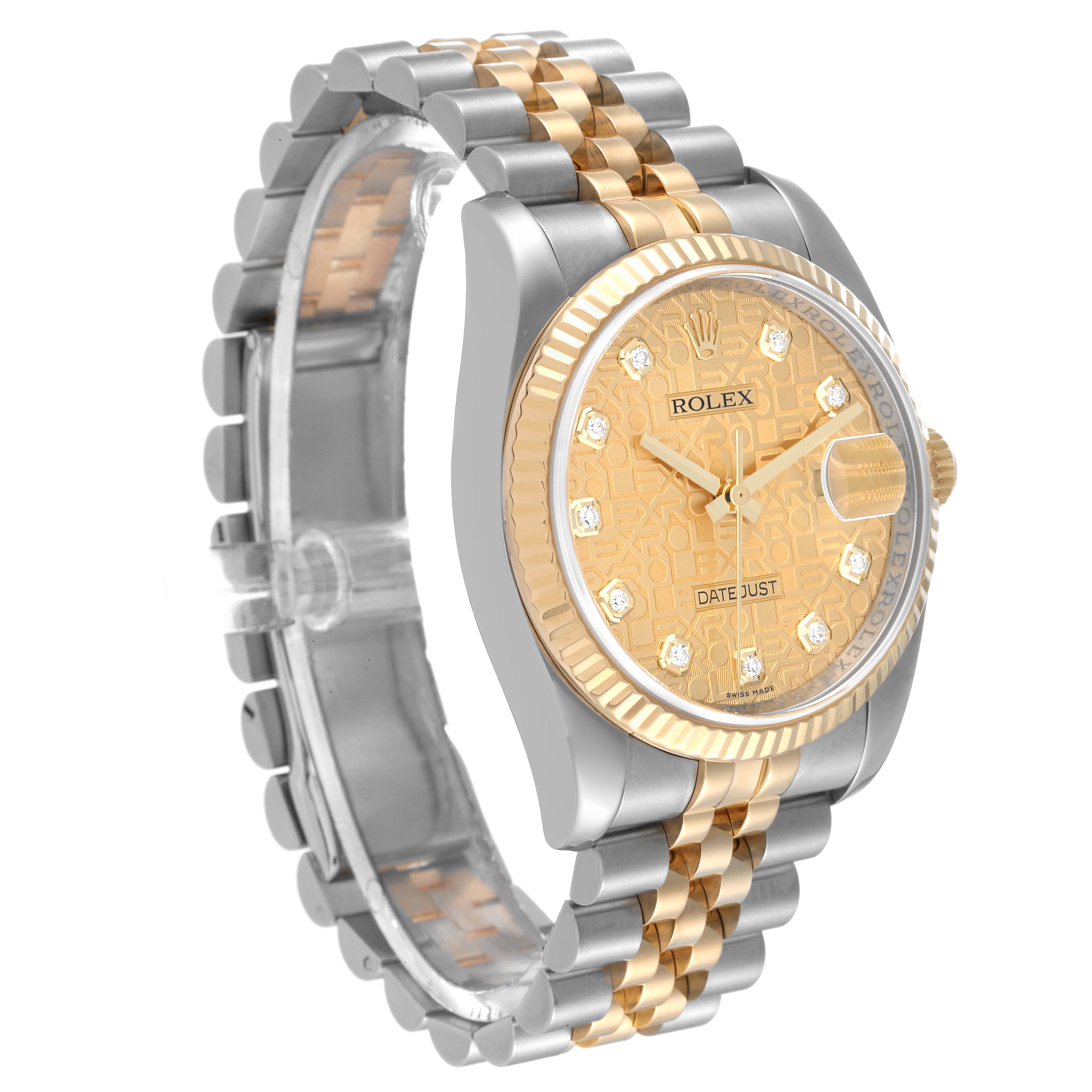 The image shows a Rolex Datejust 116233 Men's Steel and Gold (two tone) Champagne Dial 116233 Men's Steel and Gold (two tone) Champagne Dial watch from a front-side angle, highlighting the dial, bezel, and jubilee bracelet.
