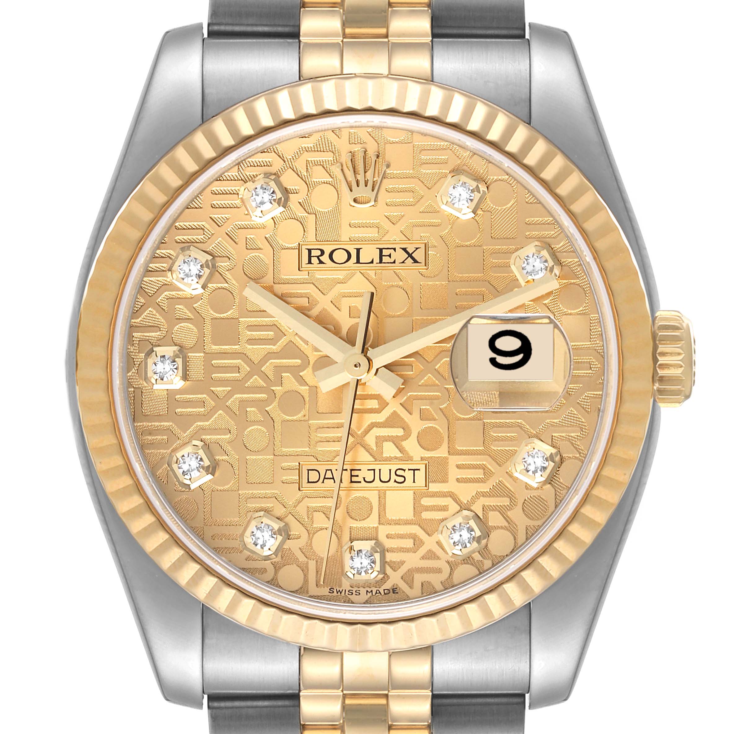 The image shows a front-facing view of a Rolex Datejust 116233 Men's Steel and Gold (two tone) Champagne Dial 116233 Men's Steel and Gold (two tone) Champagne Dial watch, highlighting its gold dial, fluted bezel, and date display.