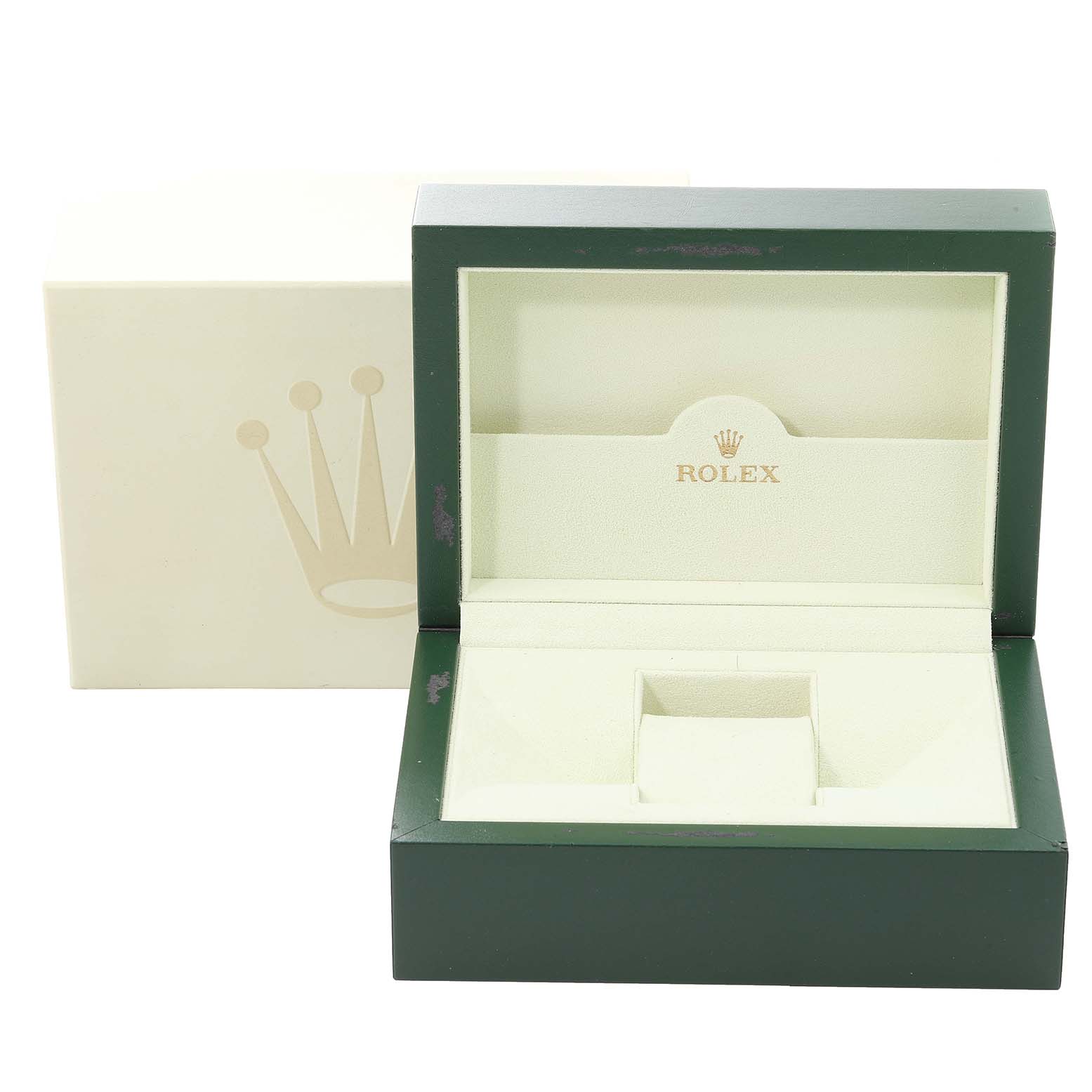 This image shows an open Rolex Datejust 116233 Men's Steel and Gold (two tone) Champagne Dial 116233 Men's Steel and Gold (two tone) Champagne Dial watch box with a green exterior and a beige interior, featuring the Rolex logo.