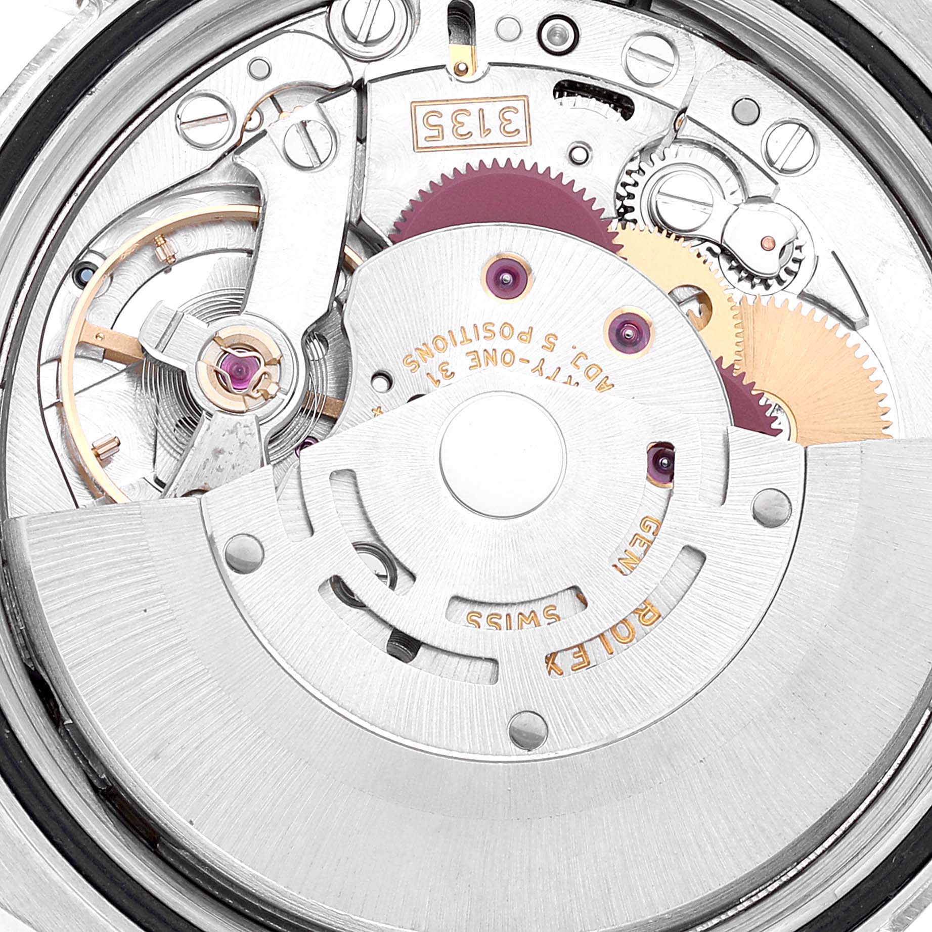 The image shows a close-up view of the mechanical movement inside a Rolex Datejust 116233 Men's Steel and Gold (two tone) Champagne Dial 116233 Men's Steel and Gold (two tone) Champagne Dial watch.