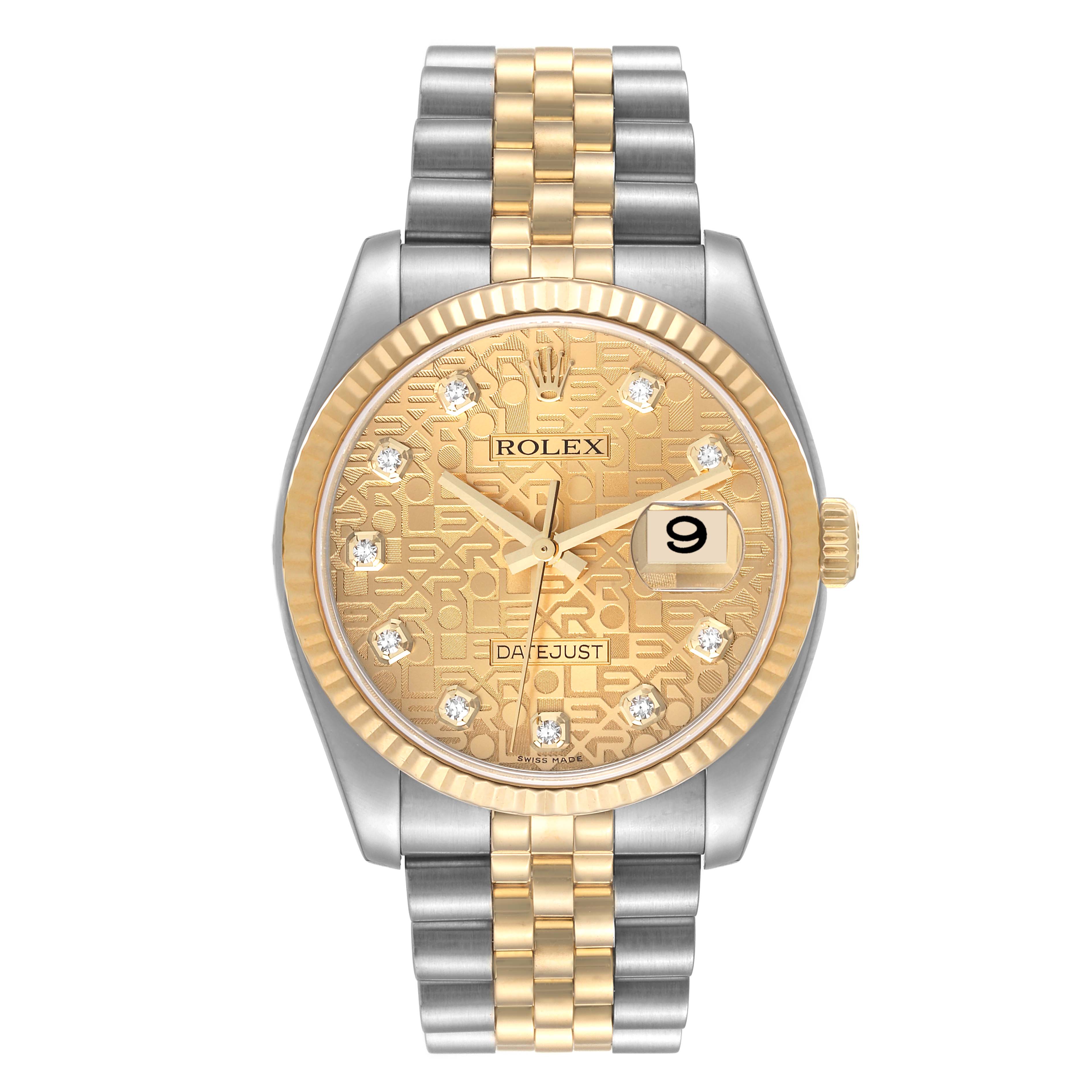 The image shows a Rolex Datejust 116233 Men's Steel and Gold (two tone) Champagne Dial 116233 Men's Steel and Gold (two tone) Champagne Dial watch from a front angle, highlighting its dial, bezel, and bracelet.