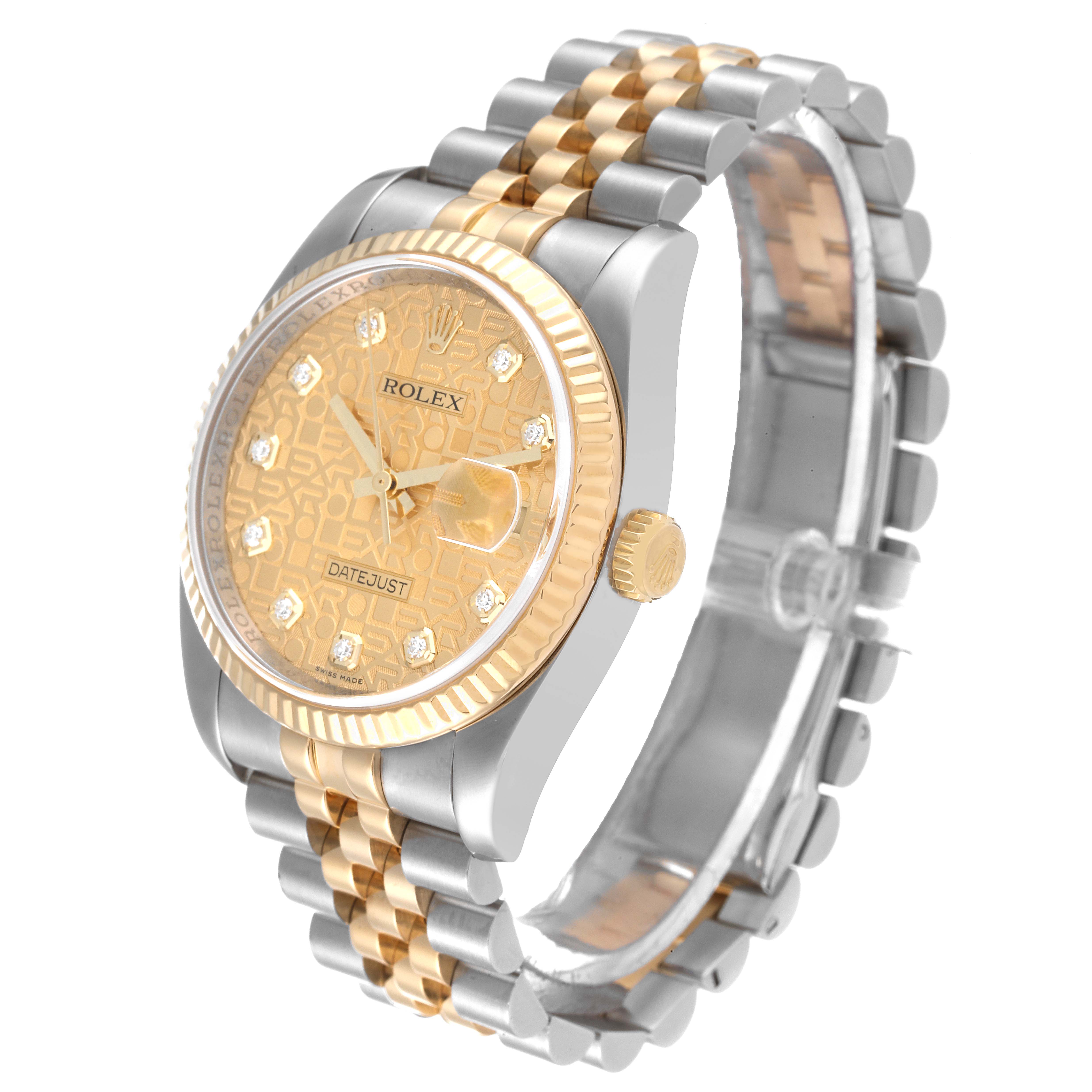 This image shows a Rolex Datejust 116233 Men's Steel and Gold (two tone) Champagne Dial 116233 Men's Steel and Gold (two tone) Champagne Dial watch at a slight angle, highlighting the face, crown, and two-tone bracelet.