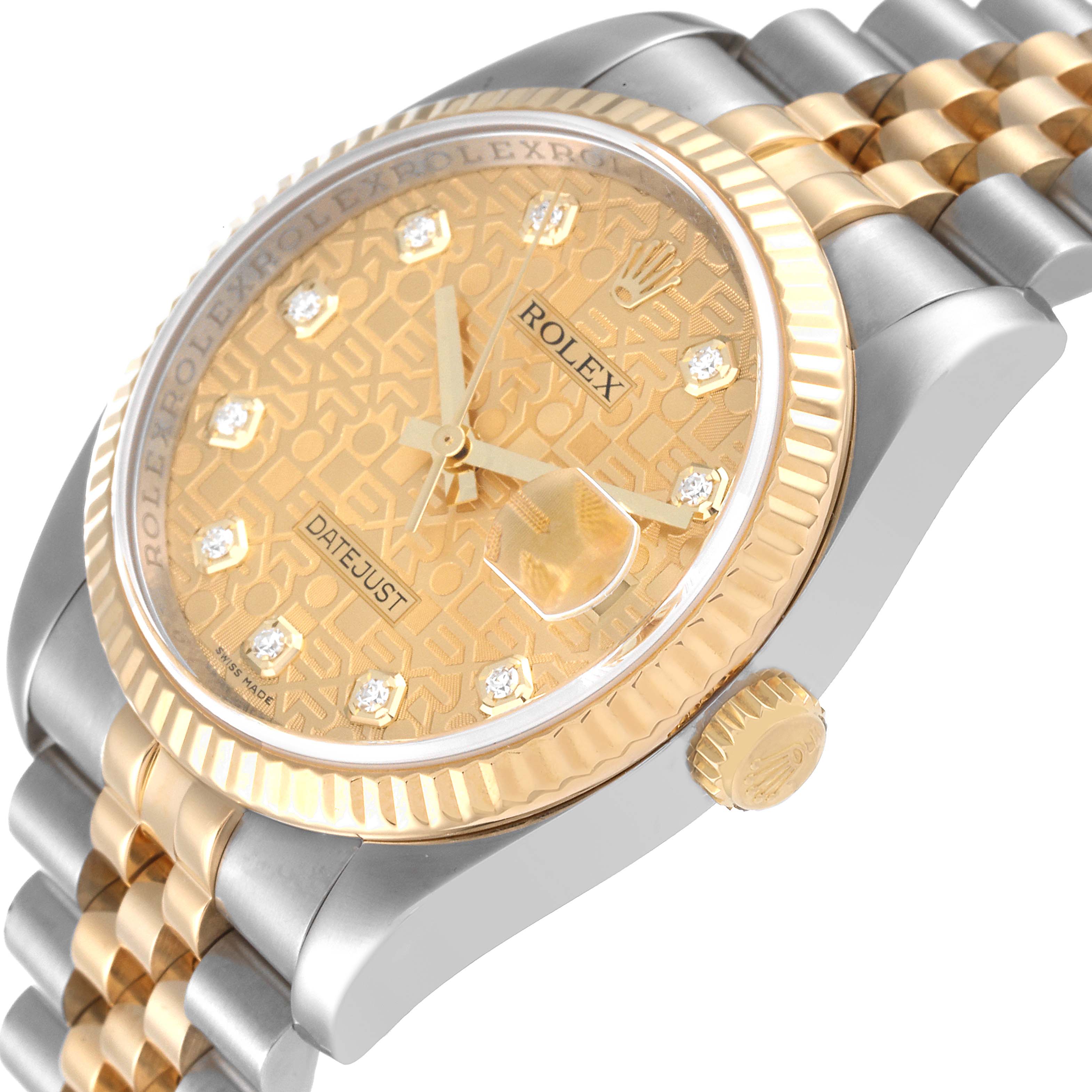 This image shows a close-up angle of a Rolex Datejust 116233 Men's Steel and Gold (two tone) Champagne Dial 116233 Men's Steel and Gold (two tone) Champagne Dial model, highlighting the dial, bezel, crown, and part of the bracelet.